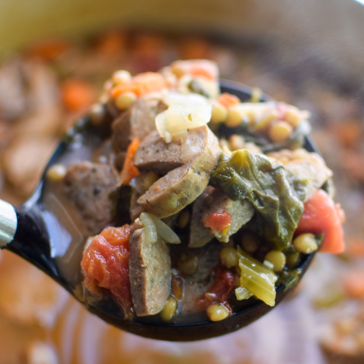 Vegetable & Chicken Sausage Lentil Soup recipe - Simple, hearty and delicious fall soup that will make your home smell amazing on any week night! ProjectMealPlan.com