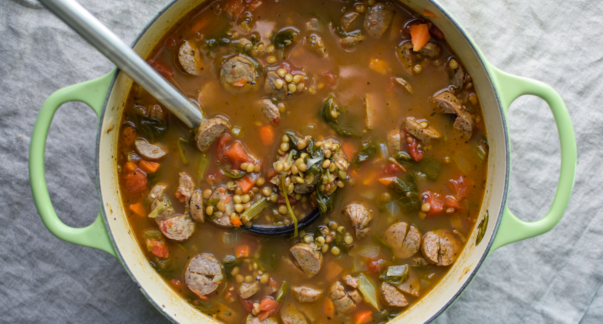 Vegetable & Chicken Sausage Lentil Soup recipe - Simple, hearty and delicious fall soup that will make your home smell amazing on any week night! ProjectMealPlan.com