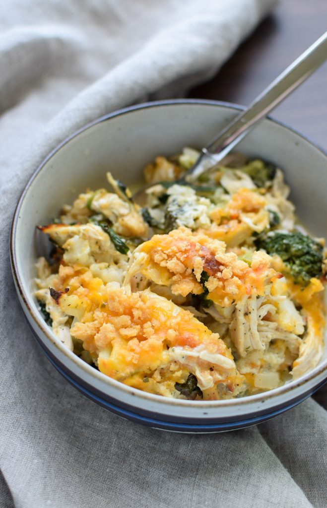 Veggie Loaded Rotisserie Chicken Casserole recipe - Delicious juicy chicken baked with broccoli, cauliflower, spinach, greek yogurt and more! Healthy and easy, from ProjectMealPlan.com