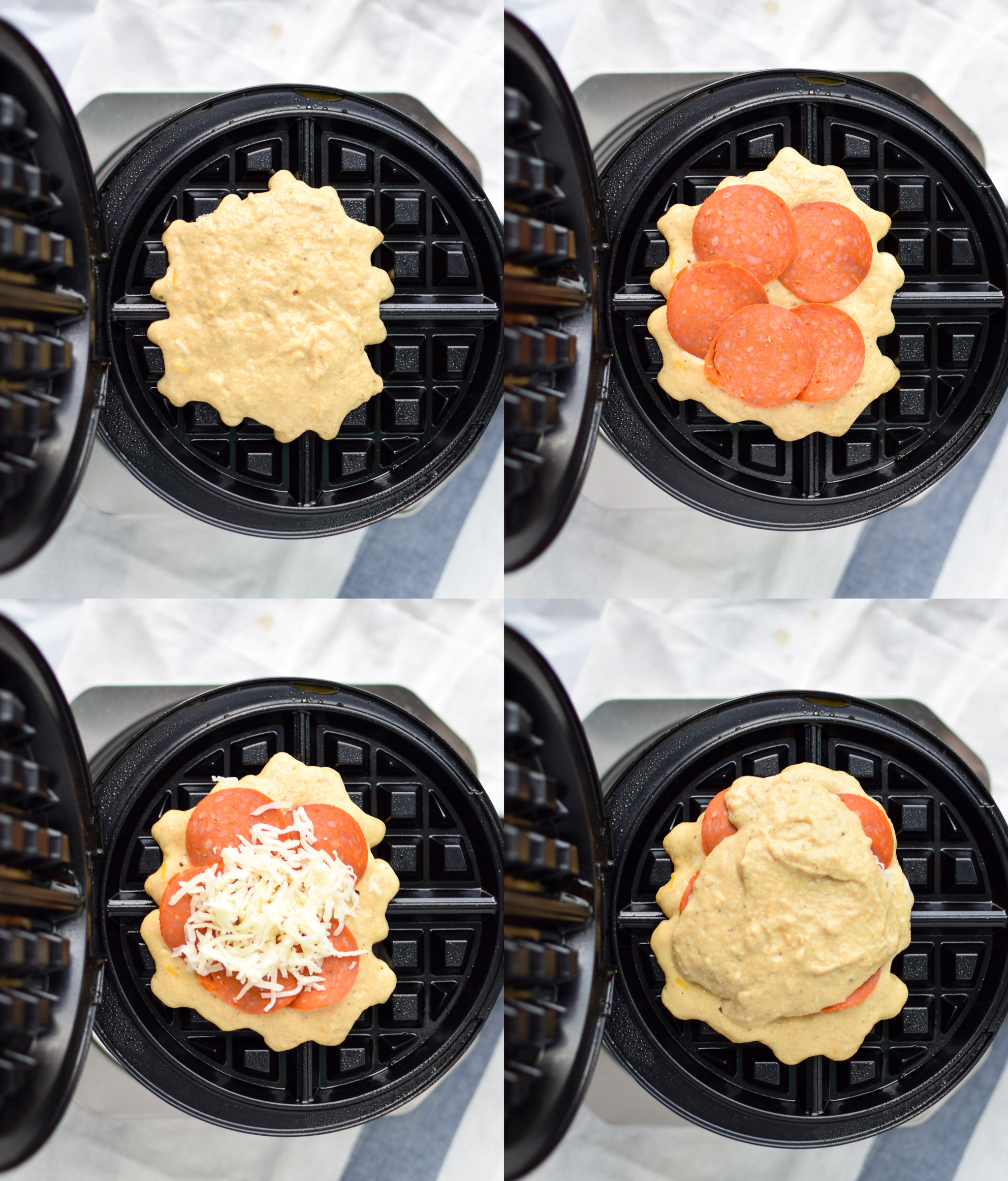 Protein Packed Pepperoni Pizza Waffles - Pizza + Waffles made super easy at home! Stuffed with mozzarella and pepperoni, plus packed with protein! - ProjectMealPlan.com