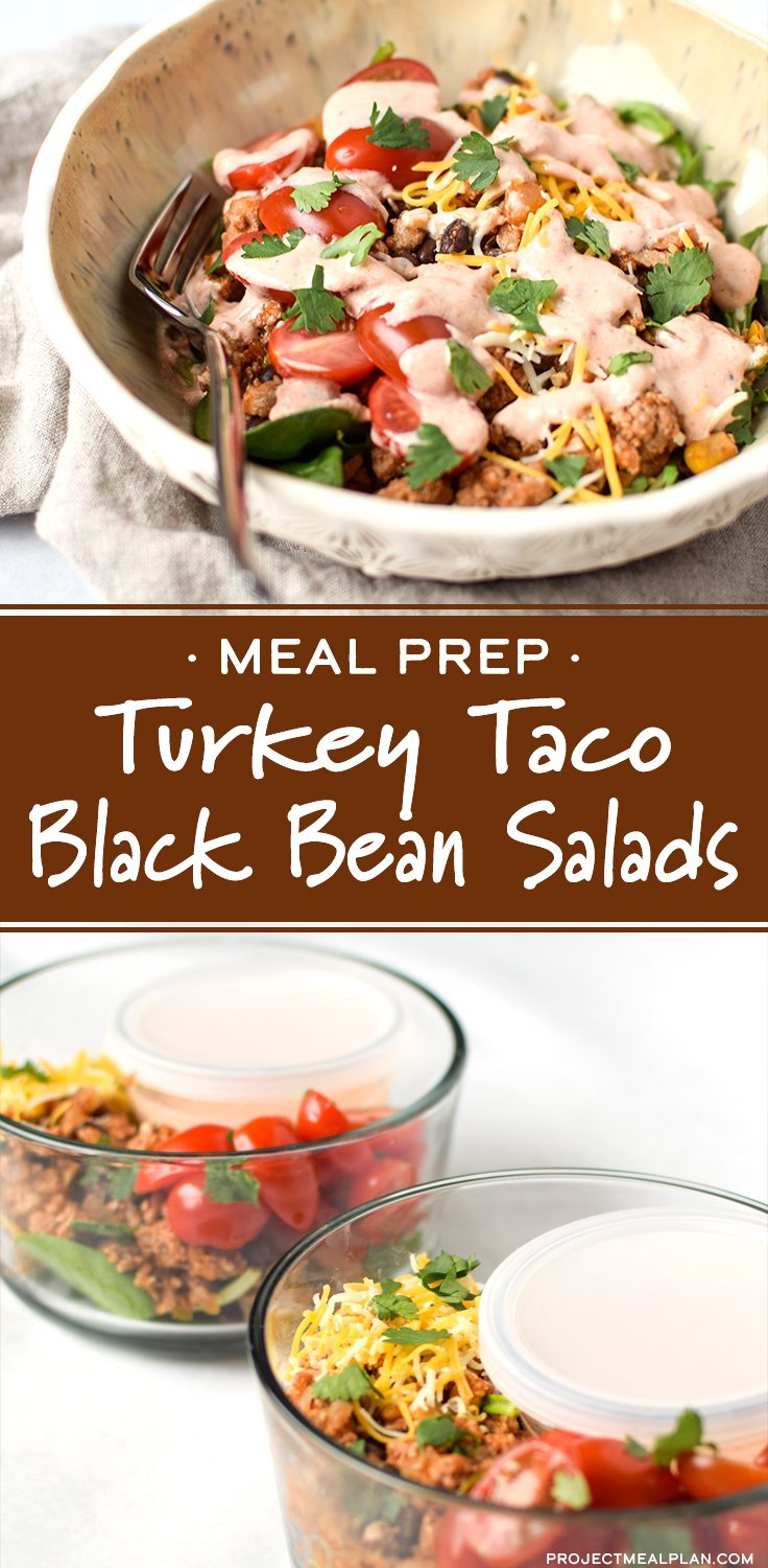 Long Pinterest Pin for the Turkey Taco Black Beans Salads - showing two photos previously shown above.