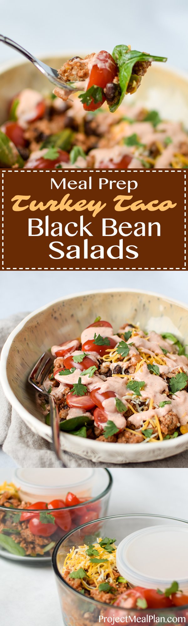 Meal Prep Turkey Taco Black Bean Salads - An easy recipe with ground turkey, black beans and veggies cooked in one pot! Easy meal prep right here! - ProjectMealPlan.com