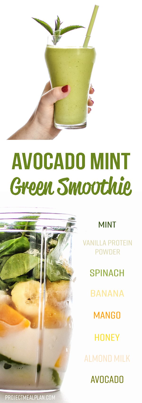 Creamy Avocado Mint Green Smoothie Recipe - Overflowing with fruits, veggies, and fresh minty goodness, like a summer shamrock shake! - ProjectMealPlan.com
