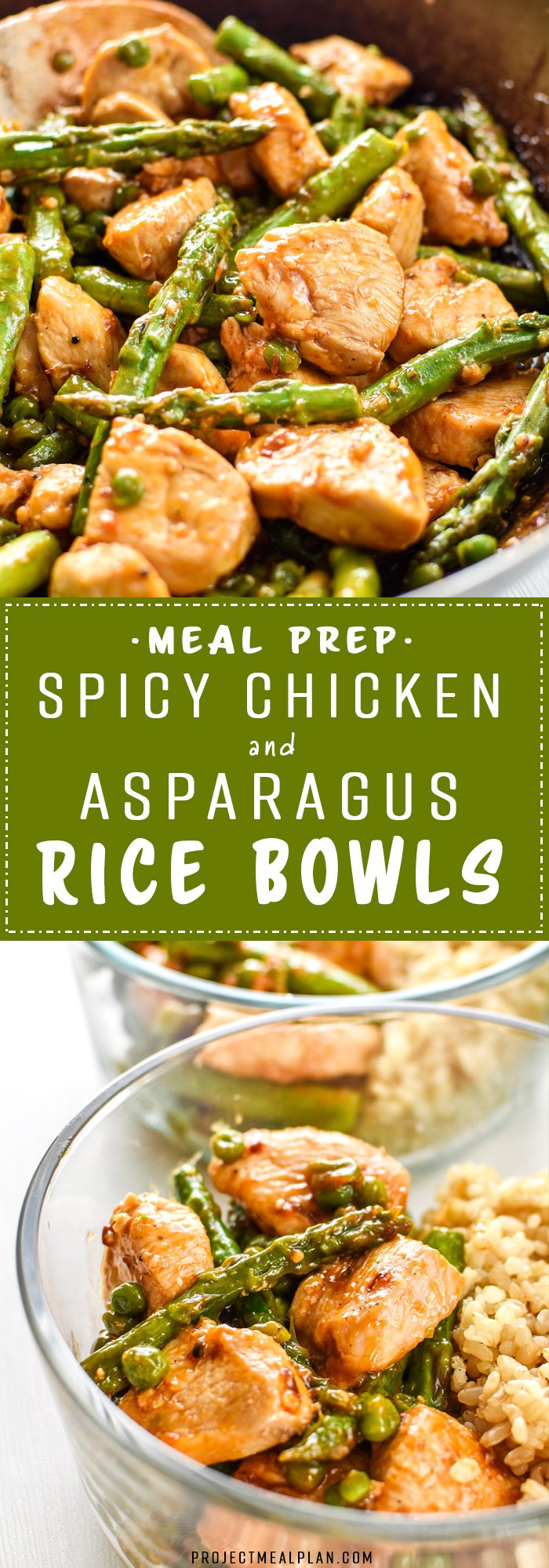 Meal Prep Spicy Chicken and Asparagus Rice Bowls - A simple stir-fry style recipe that's quick and easy to throw together. Pair with white or brown rice for the perfect Sunday Meal Prep bowls! - ProjectMealPlan.com