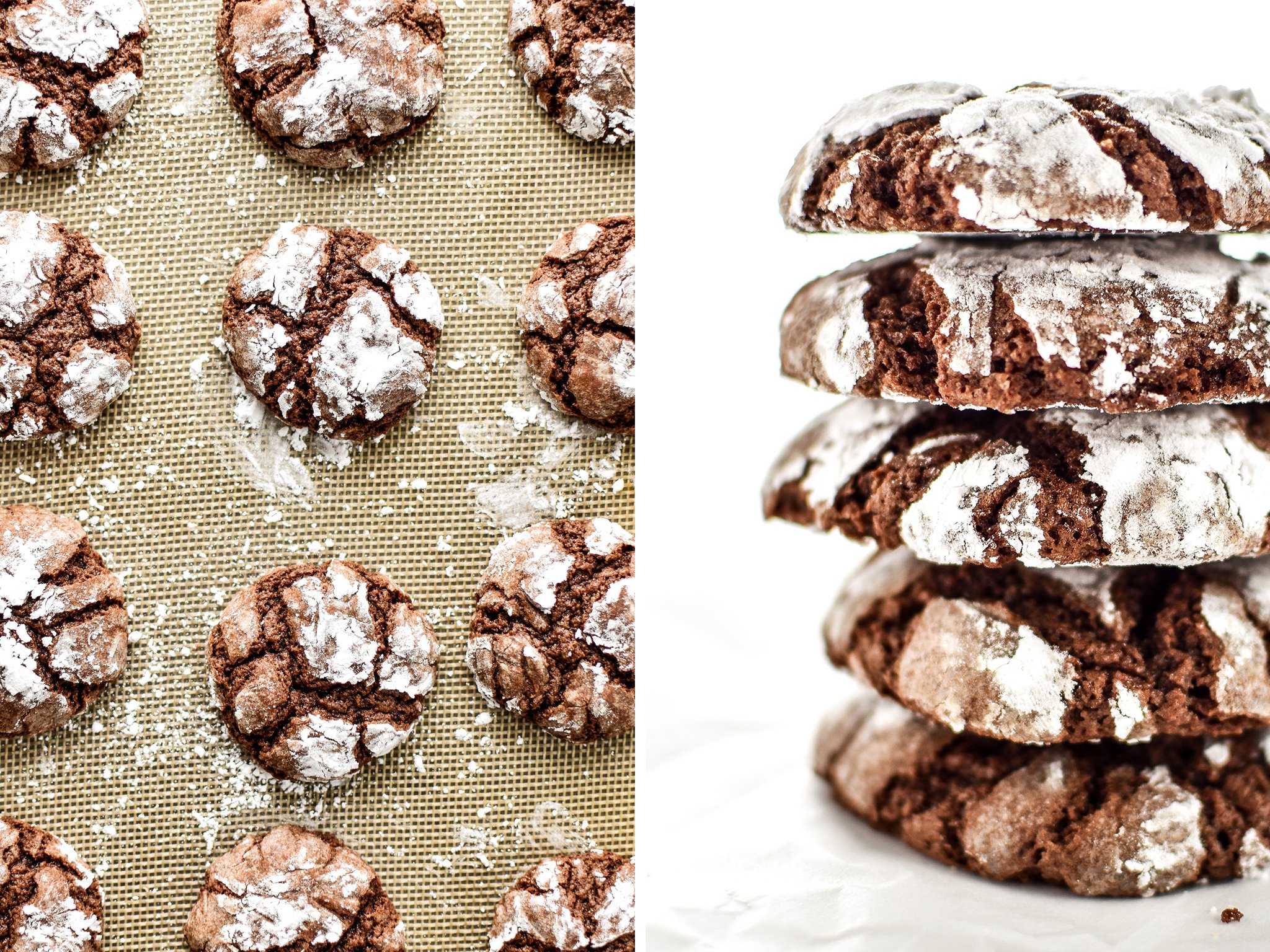 Classic Chewy Chocolate Crinkle Cookies in a stack and on a silpat baking pan.