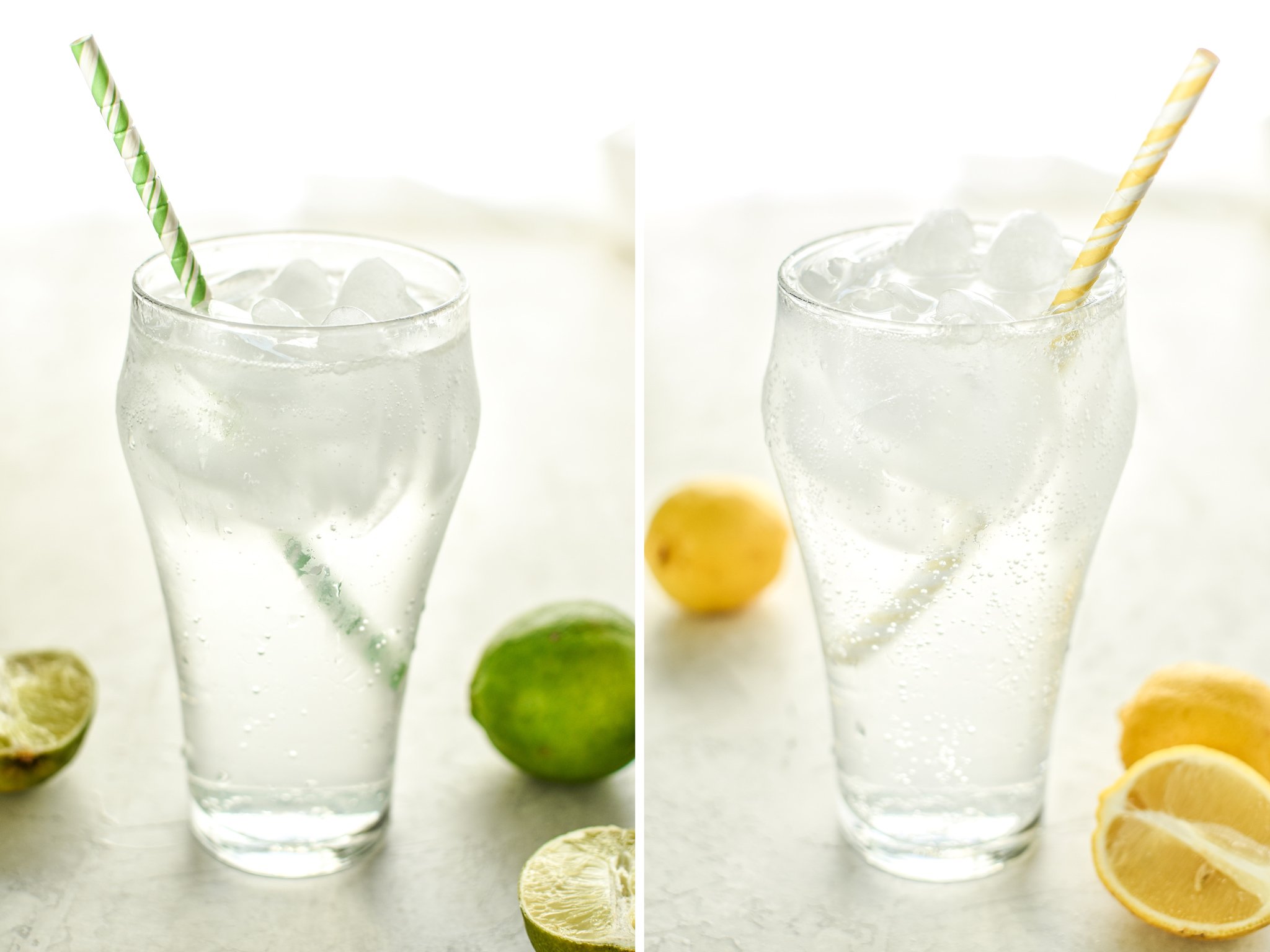 Two different variations of homemade la croix in big glasses with ice and straws, including lemon and lime.