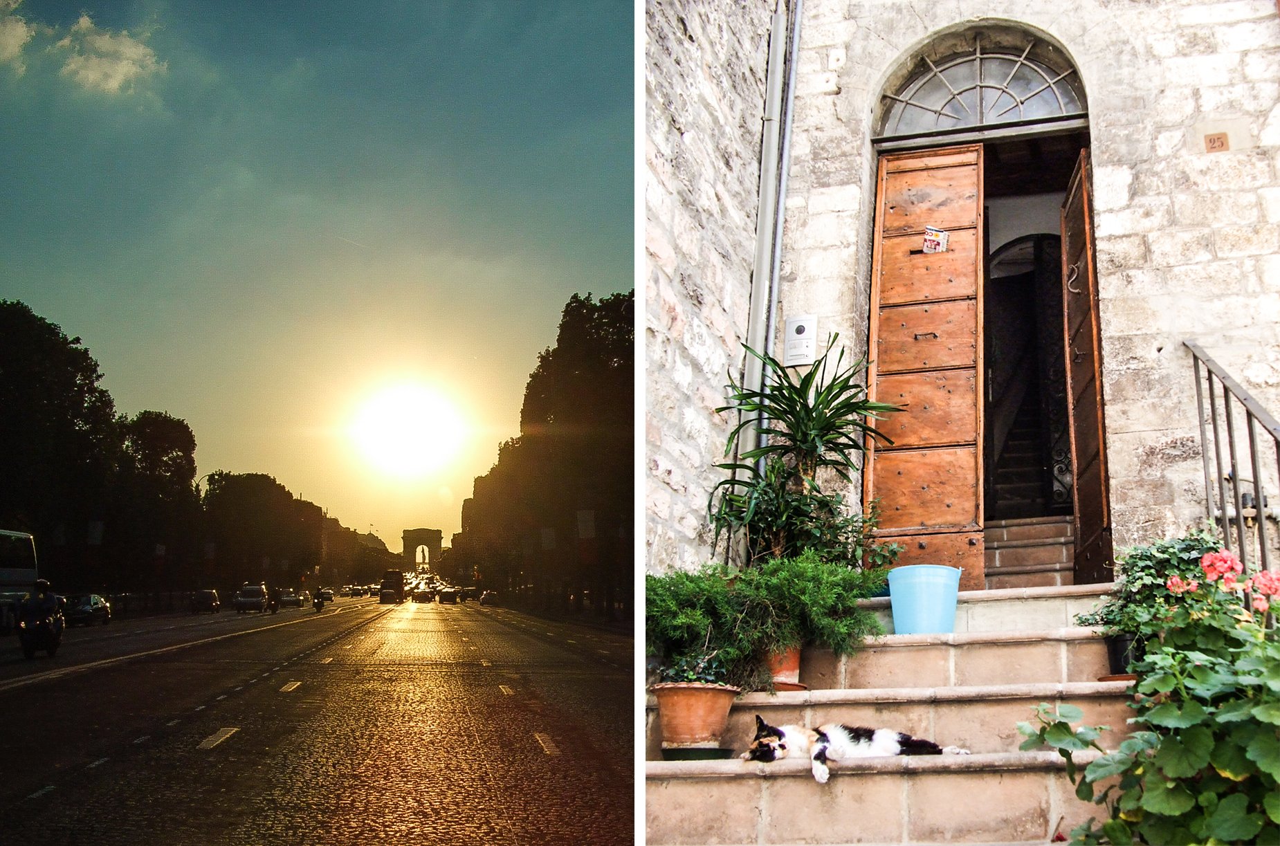 Two photos; Left is looking up the street towards the Arc de Triomphe. Right is a doorstep in Italy with a calico cat on the steps.