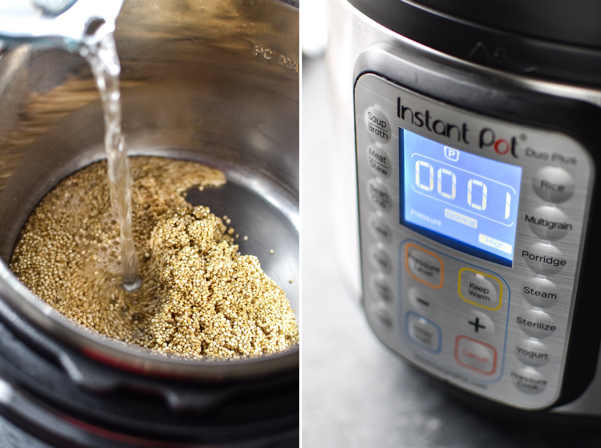 Two photos; Left- Pouring water over uncooked quinoa inside the Instant Pot. Right- Instant pot set to pressure cook for one minute.