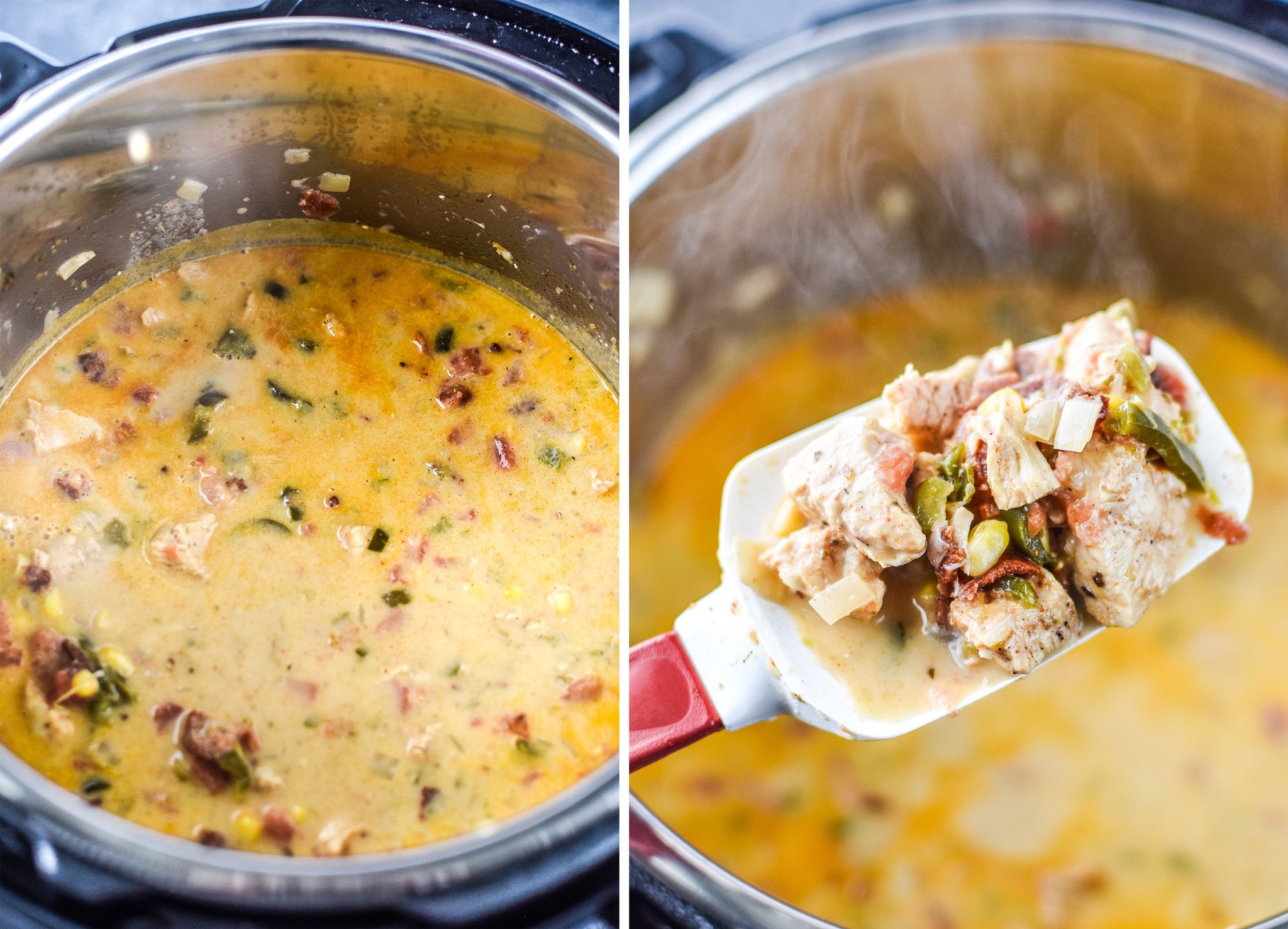 Two photos: Hearty soup made in the Instant Pot on the left; Spoonful of soup steaming hot on the right.