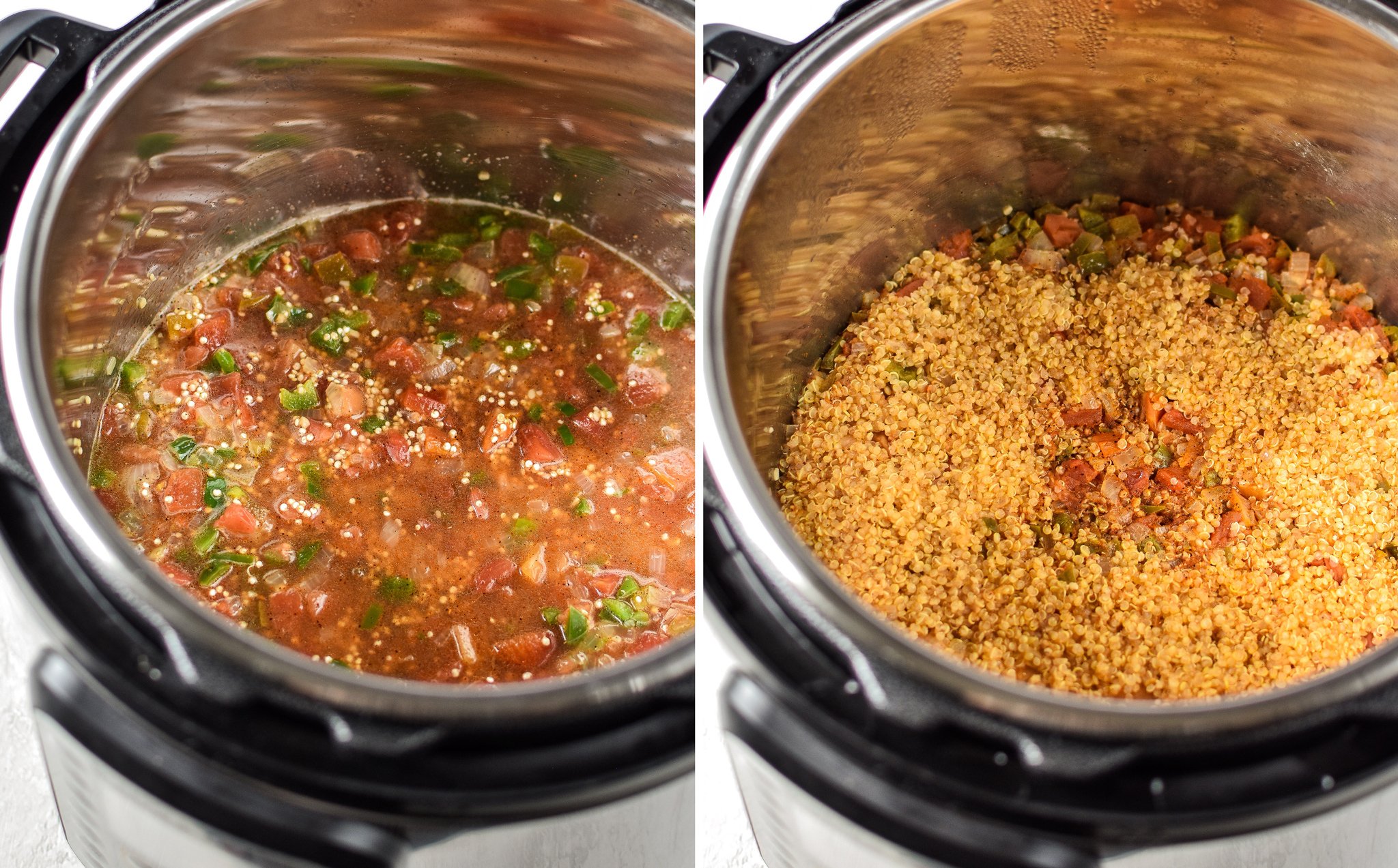 Before cooking and after cooking quinoa in the IP.