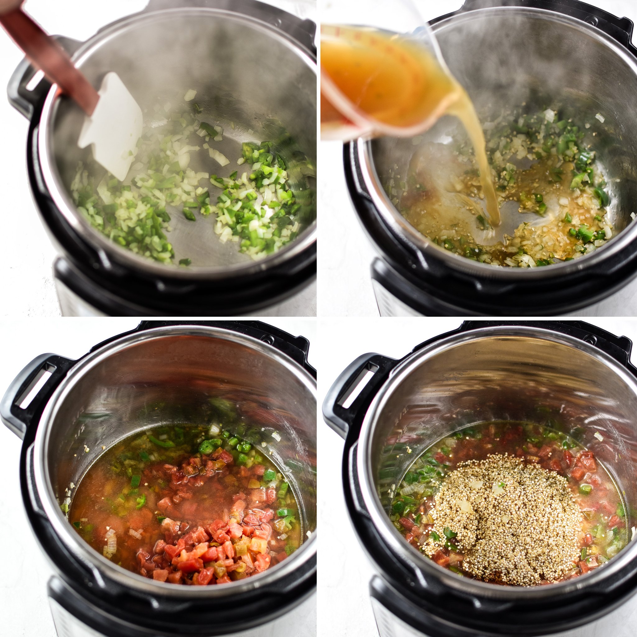 Four photos showing steps to making Mexican Quinoa in the Instant Pot. Start with jalapenos and onion, add broth, tomatoes, quinoa, then cook.