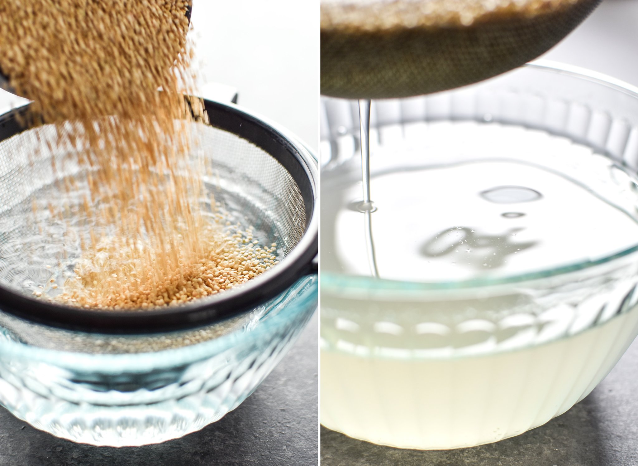 Two photos; Left- quinoa being poured into a fine mesh strainer for rinsing. Right- Quinoa and strainer being lifted out of the bowl of water leaving cloudy water behind.