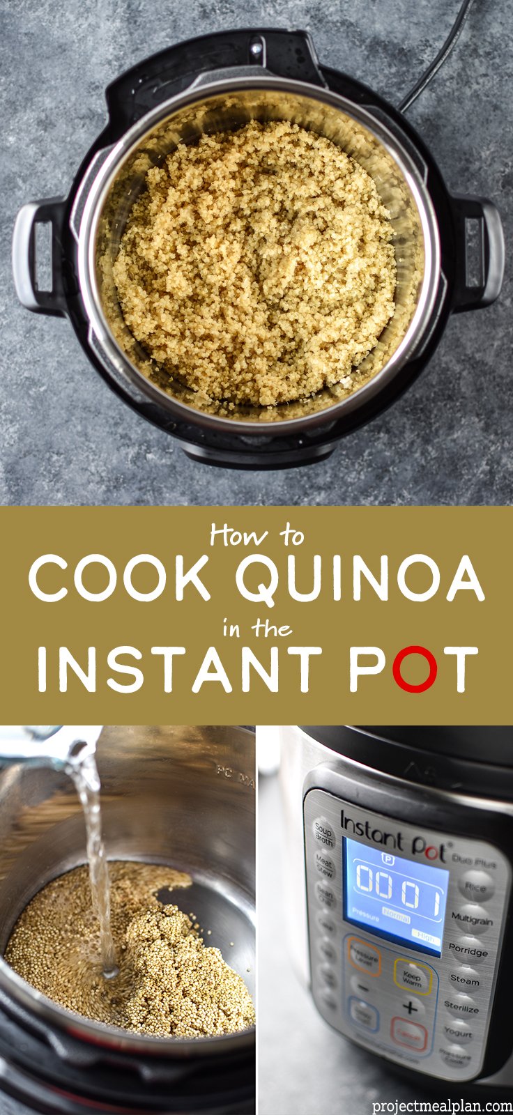 Long pin pinterest image composed of cooked quinoa in the Instant Pot and title.