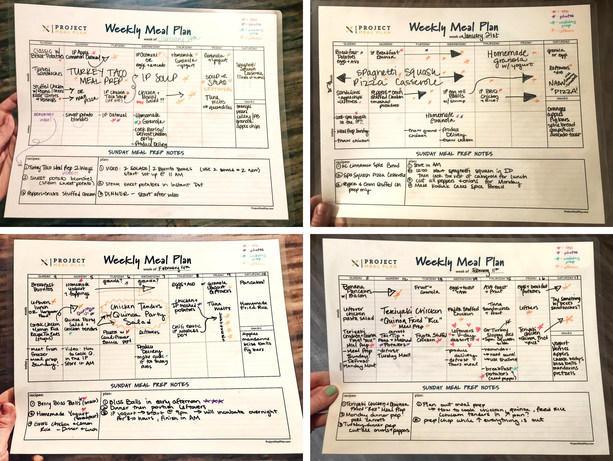 4 weeks of handwritten meal plans on the laminated Weekly Meal Planner chart.