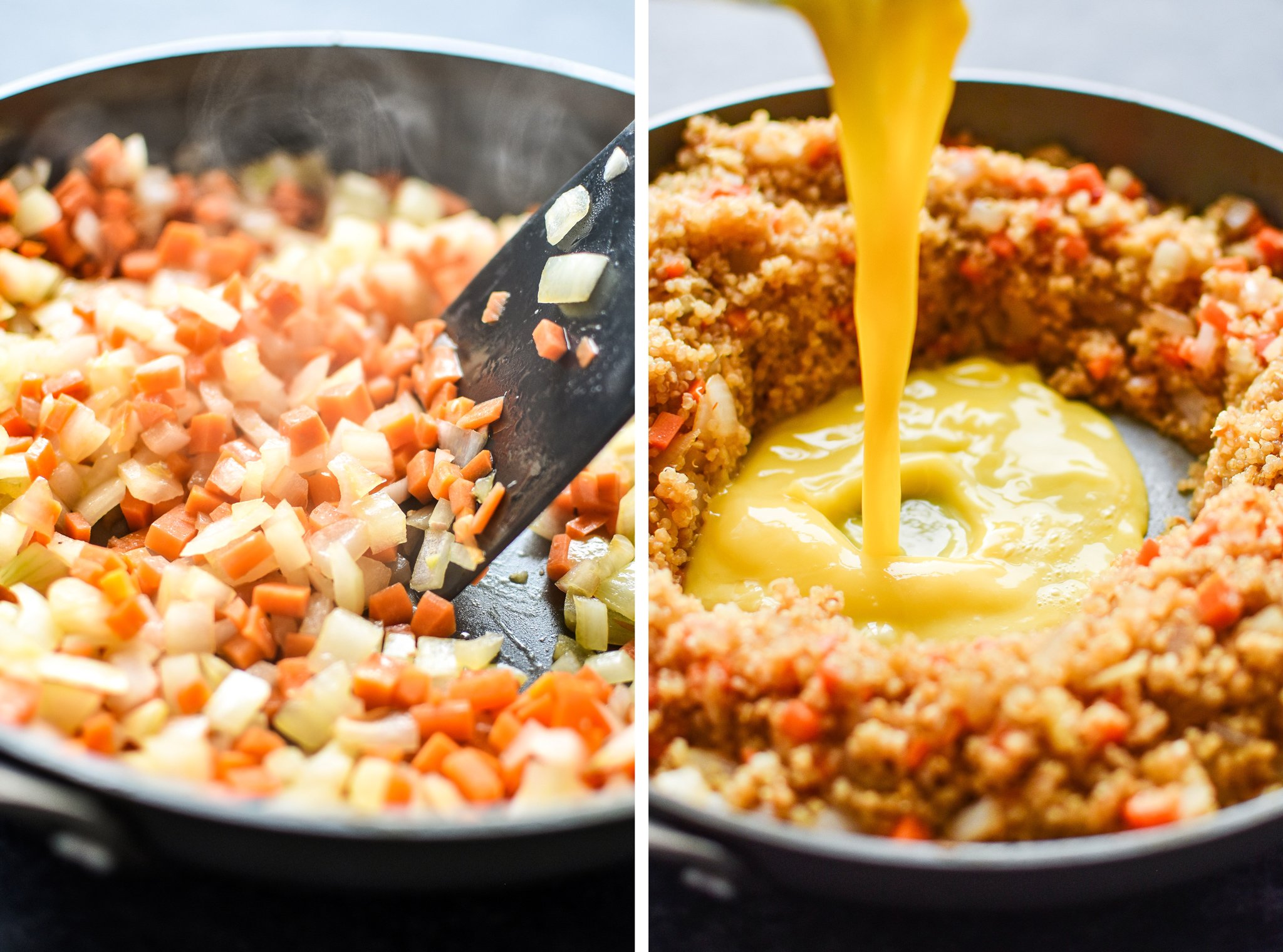 Left: Cooking carrots and onions in a non stick pan. Right: Adding eggs into the a well in the center of the quinoa and vegetables.