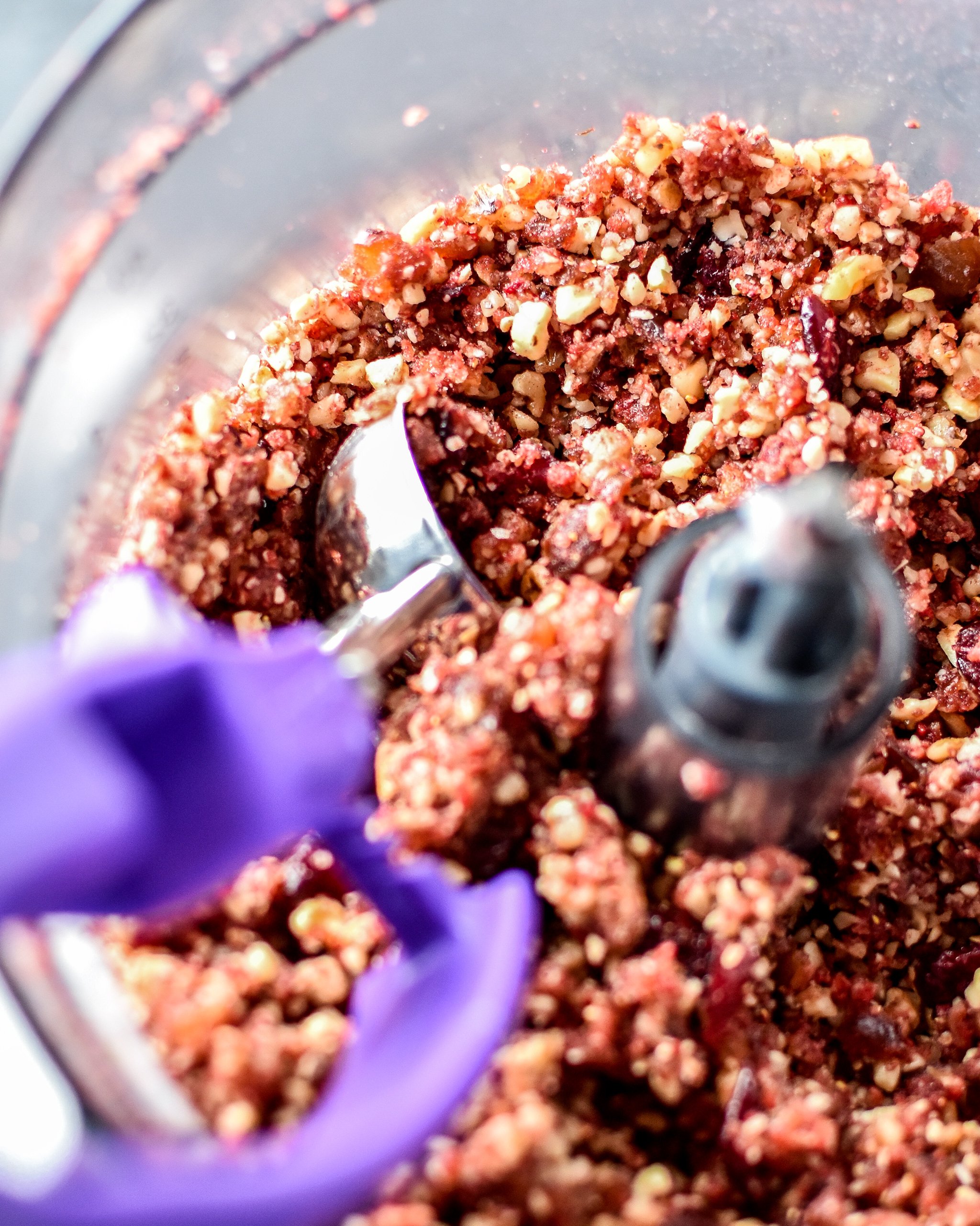 The Spiced Berry Bliss Ball mixture after being processed in the food processor.