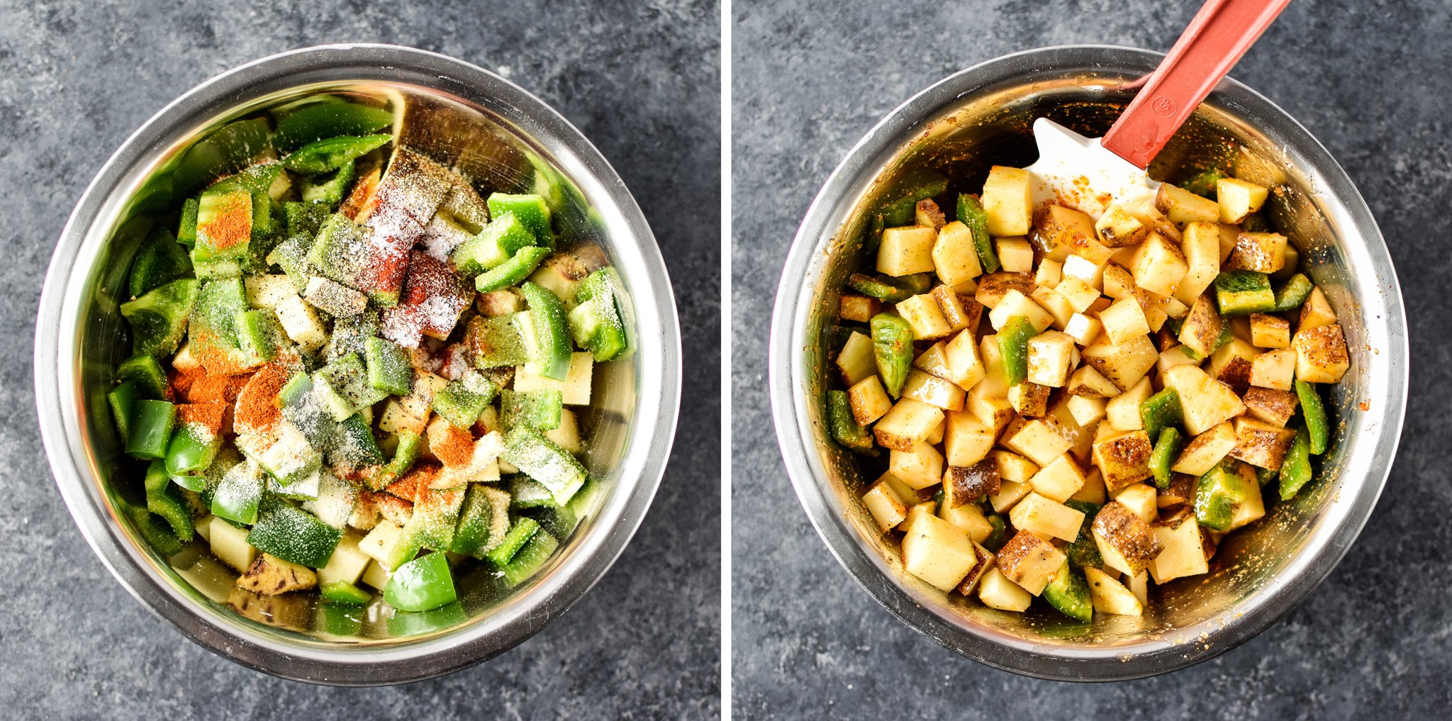 Left: A bowl of peppers and breakfast potatoes with seasonings on top. Right: The same bowl stirred up and ready to be cooked. 