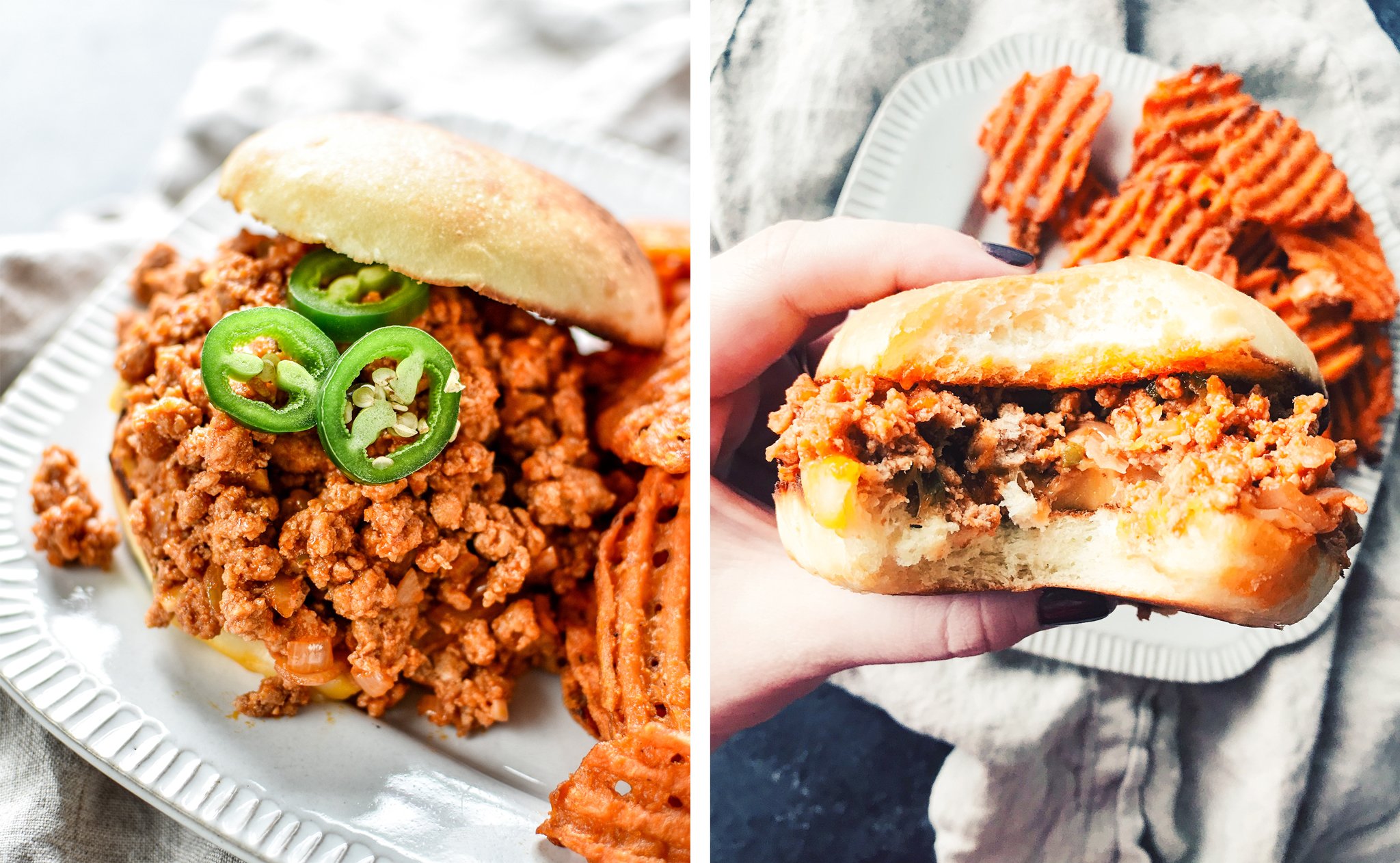 Final hero shot of the ground turkey sloppy joes on a plate and in hand with a big bite taken out.