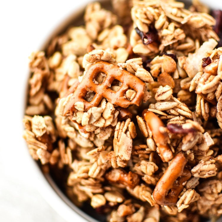 A bowl of super clumpy nut free free snack mix granola.