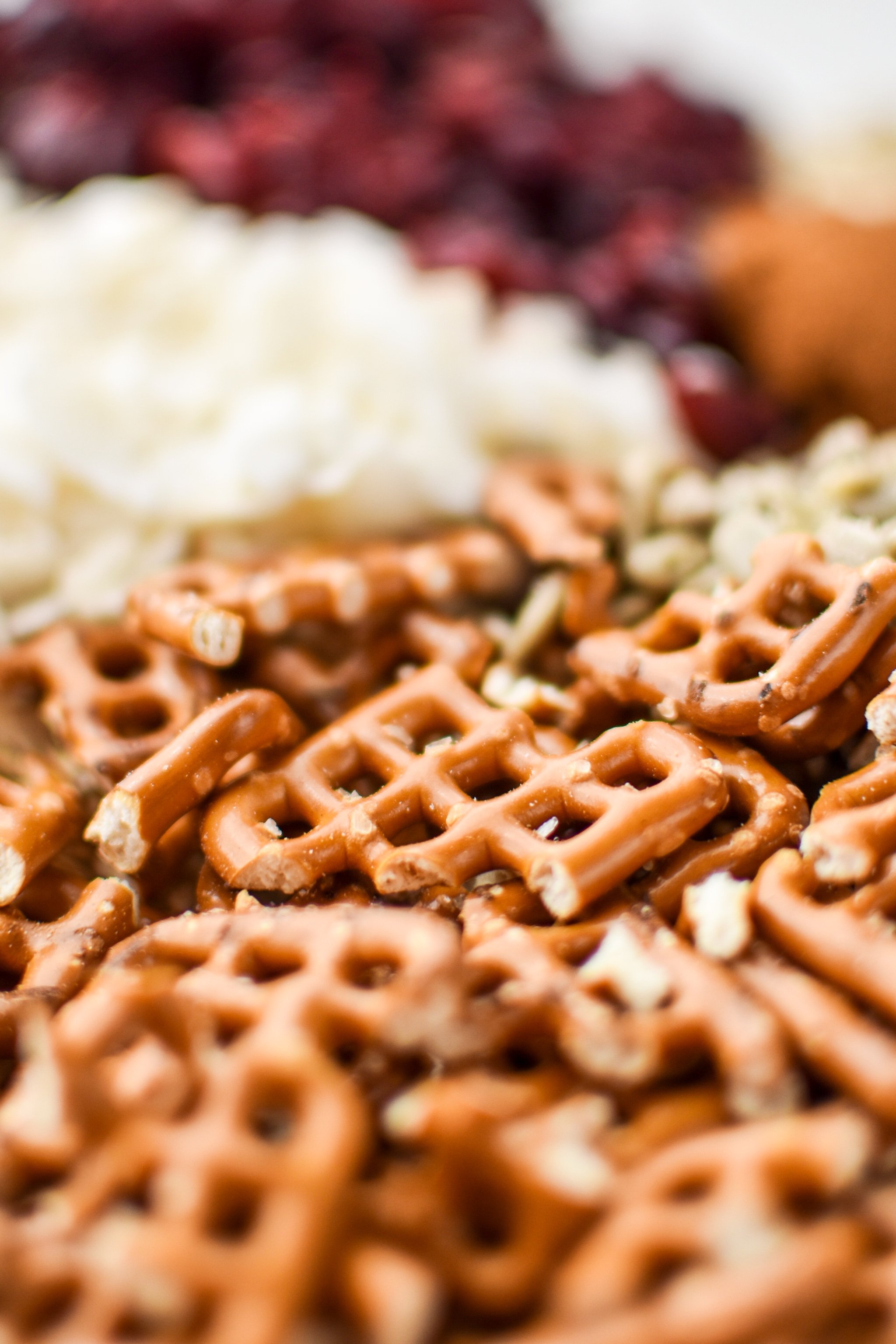 Pretzels broken up that will be used in the Super Clumpy Nut Free Granola Snack Mix.