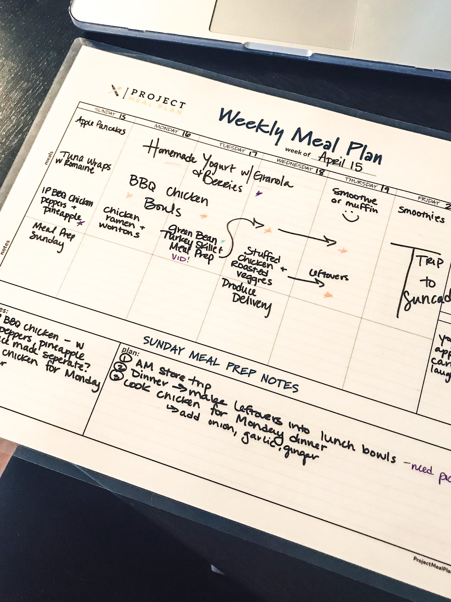 A laminated meal planner from Project Meal Plan with breakfast lunch and dinner meals planned for one week.