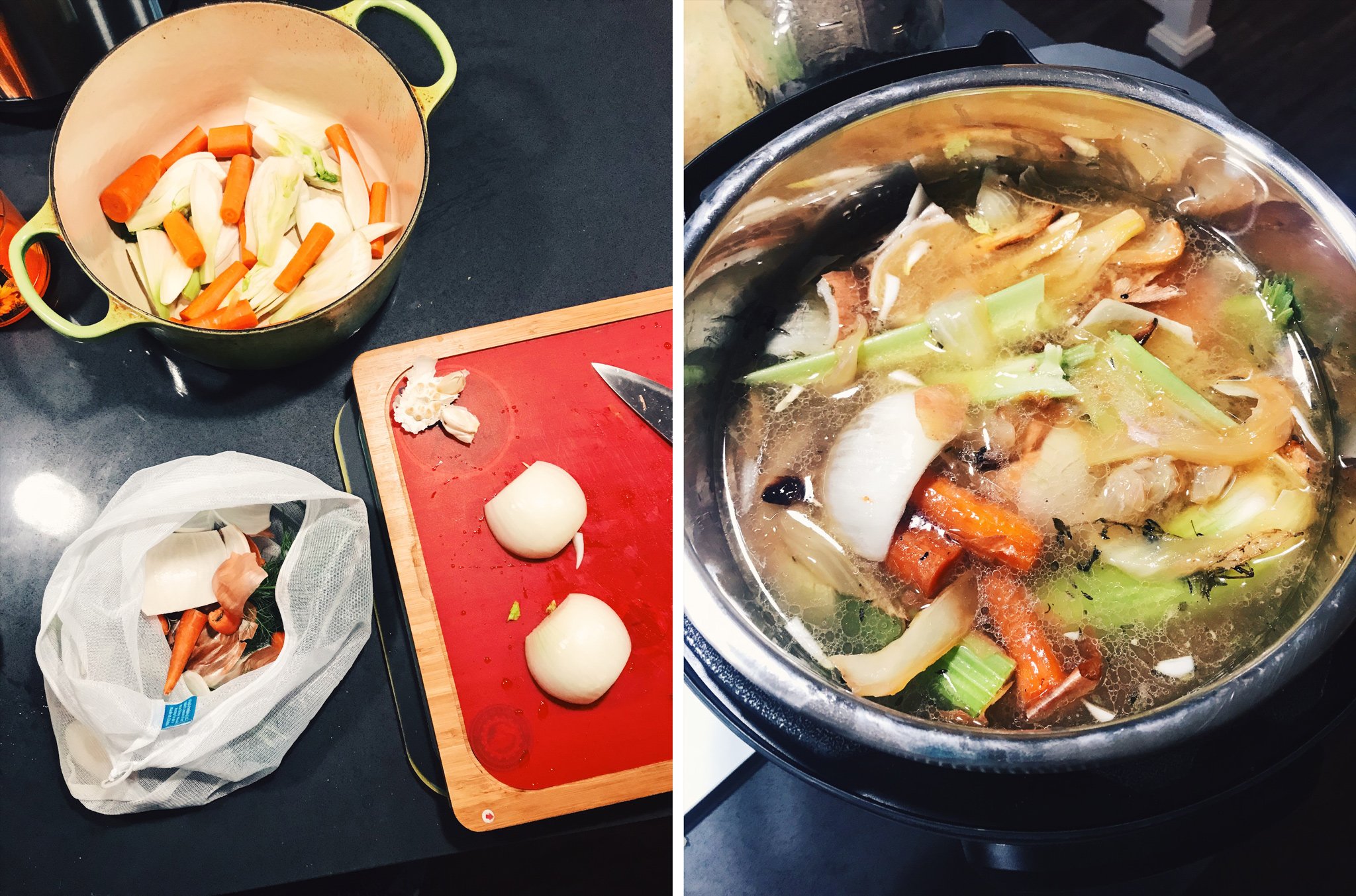Saved veggies scraps when cutting up vegetables are used in the Instant Pot to make broth.