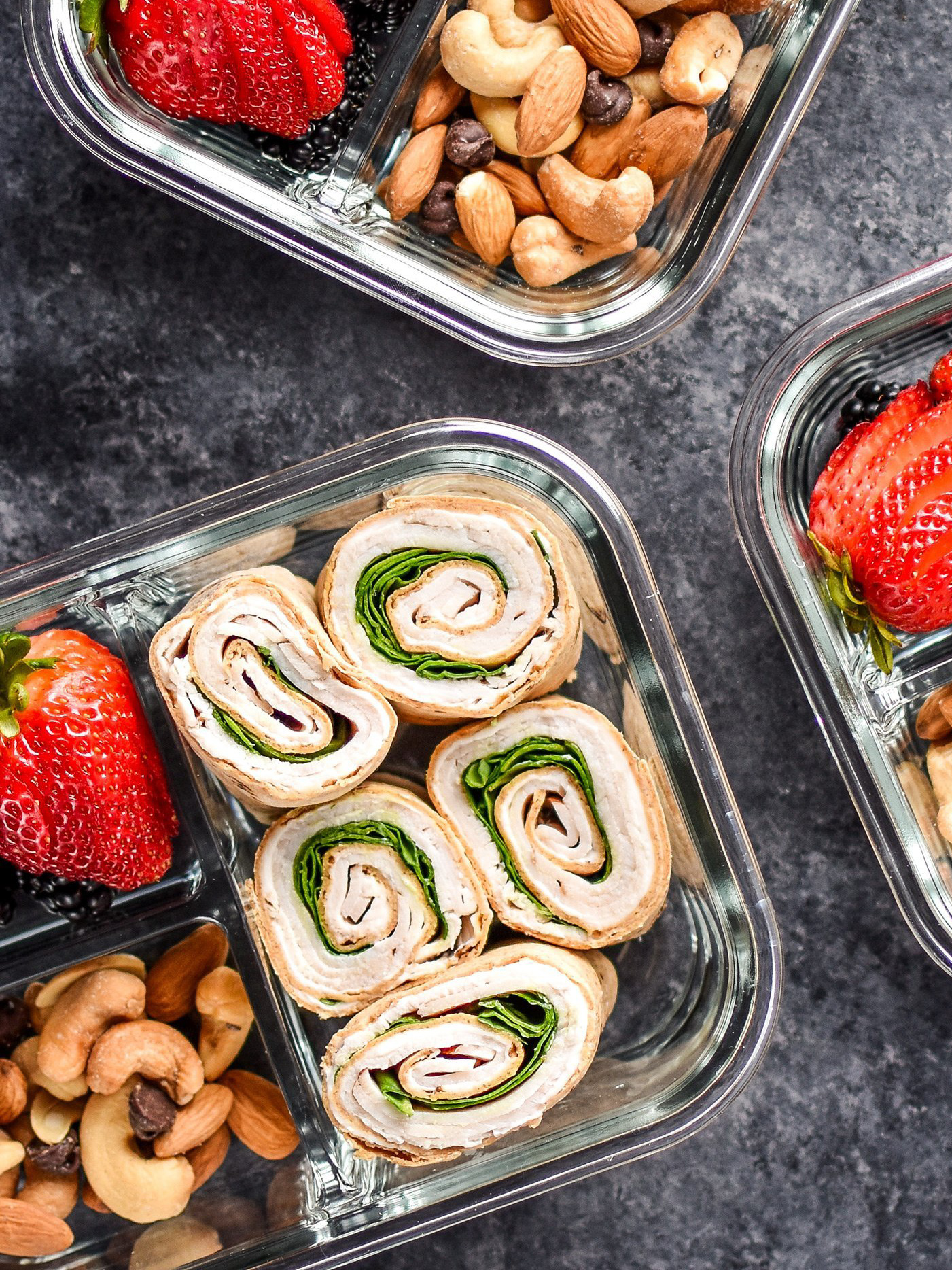 Top view of the flatout turkey sandwich pinwheel meal prep