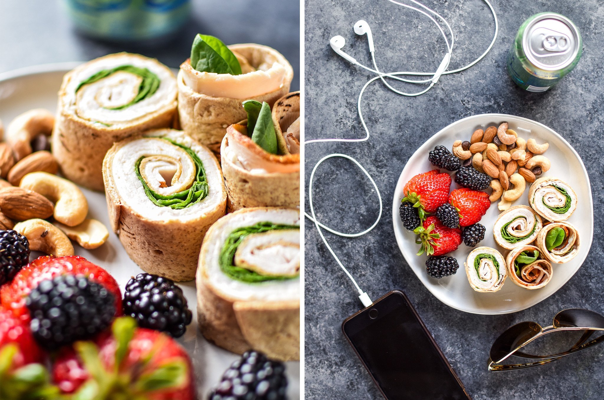 Gauche : Roulettes à la dinde sur un lieu avec des baies et des noix. Droite : Vue de dessus d'une assiette de déjeuner de pinwheels, de noix et de fruits avec un La Croix et de la musique iPhone (summer vibes).