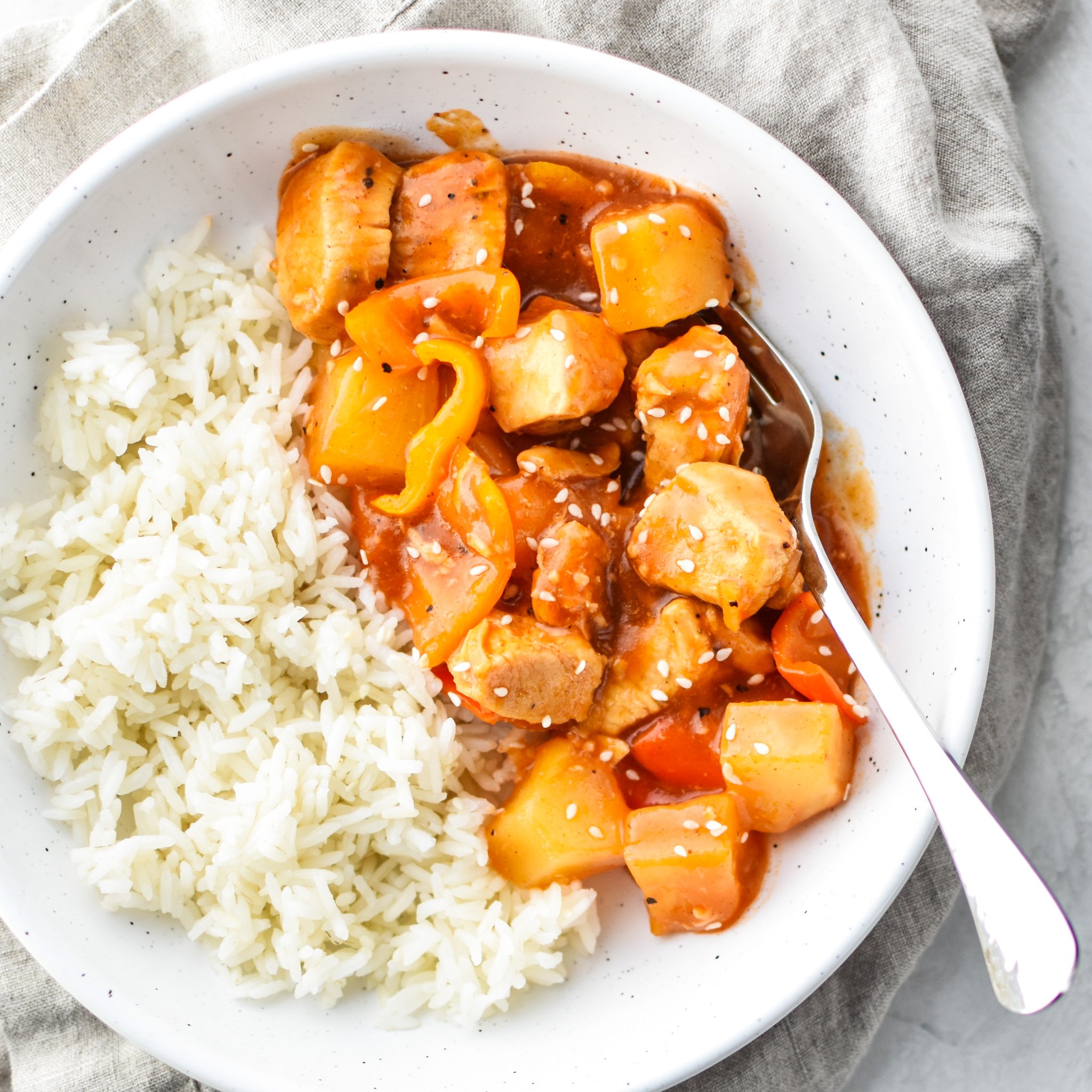 Bowl of Sweet Ginger BBQ Chicken Meal Prep with rice.