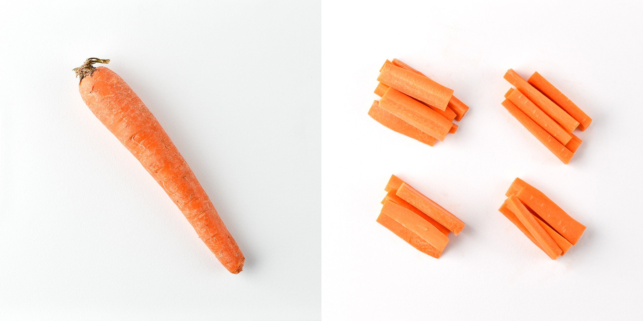A carrot before and after portioning for the chicken & hummus plate lunch meal prep.
