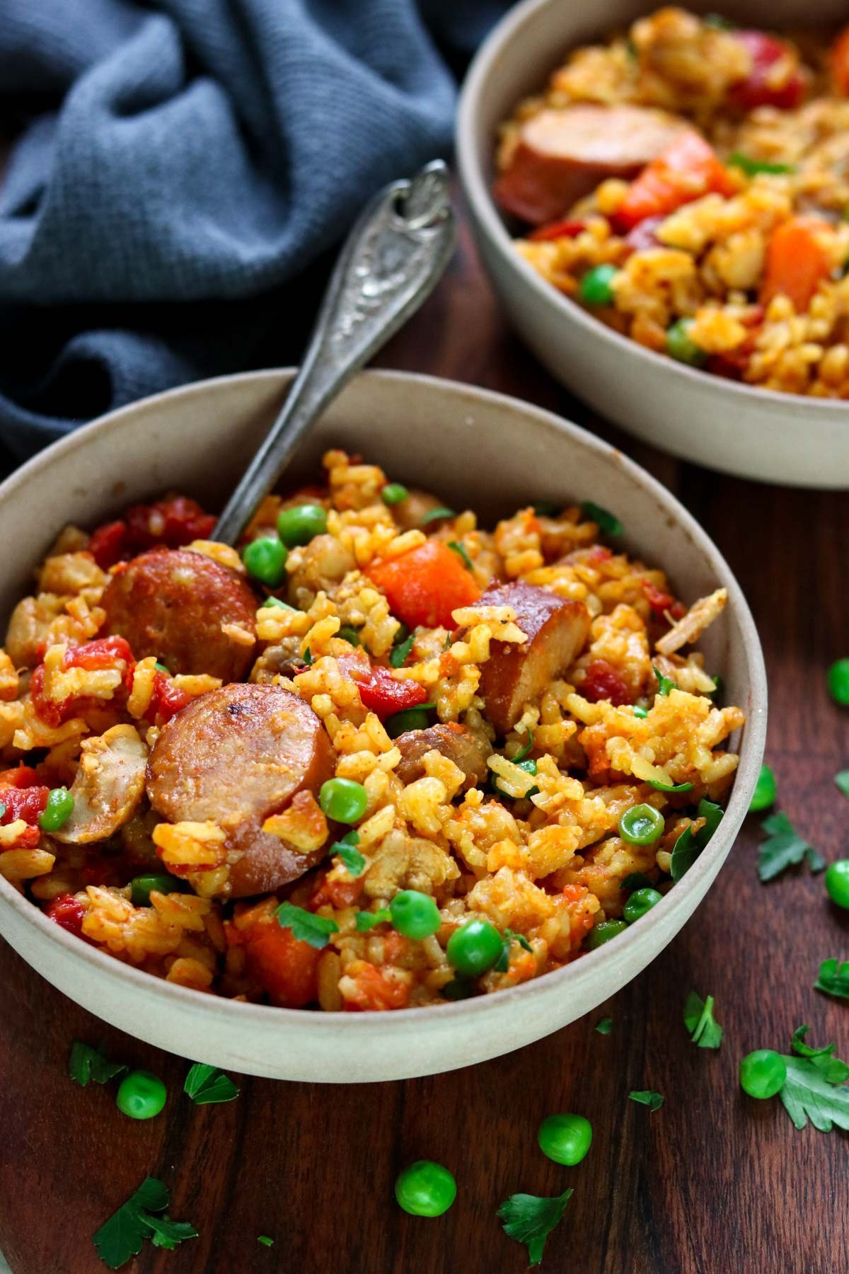 Bowl of cajun rice with chicken and sausage.