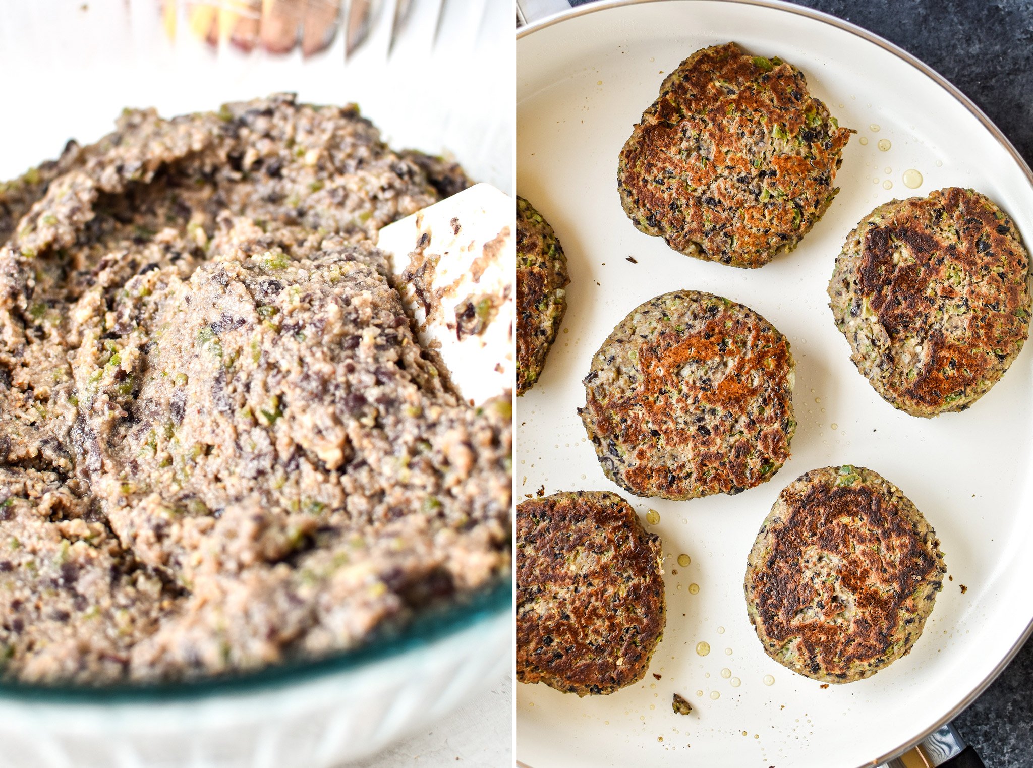 Left: Black bean burger mixture with the breadcrumbs completely stirred in. Right: Cooking 6 freezer friendly black bean burgers.