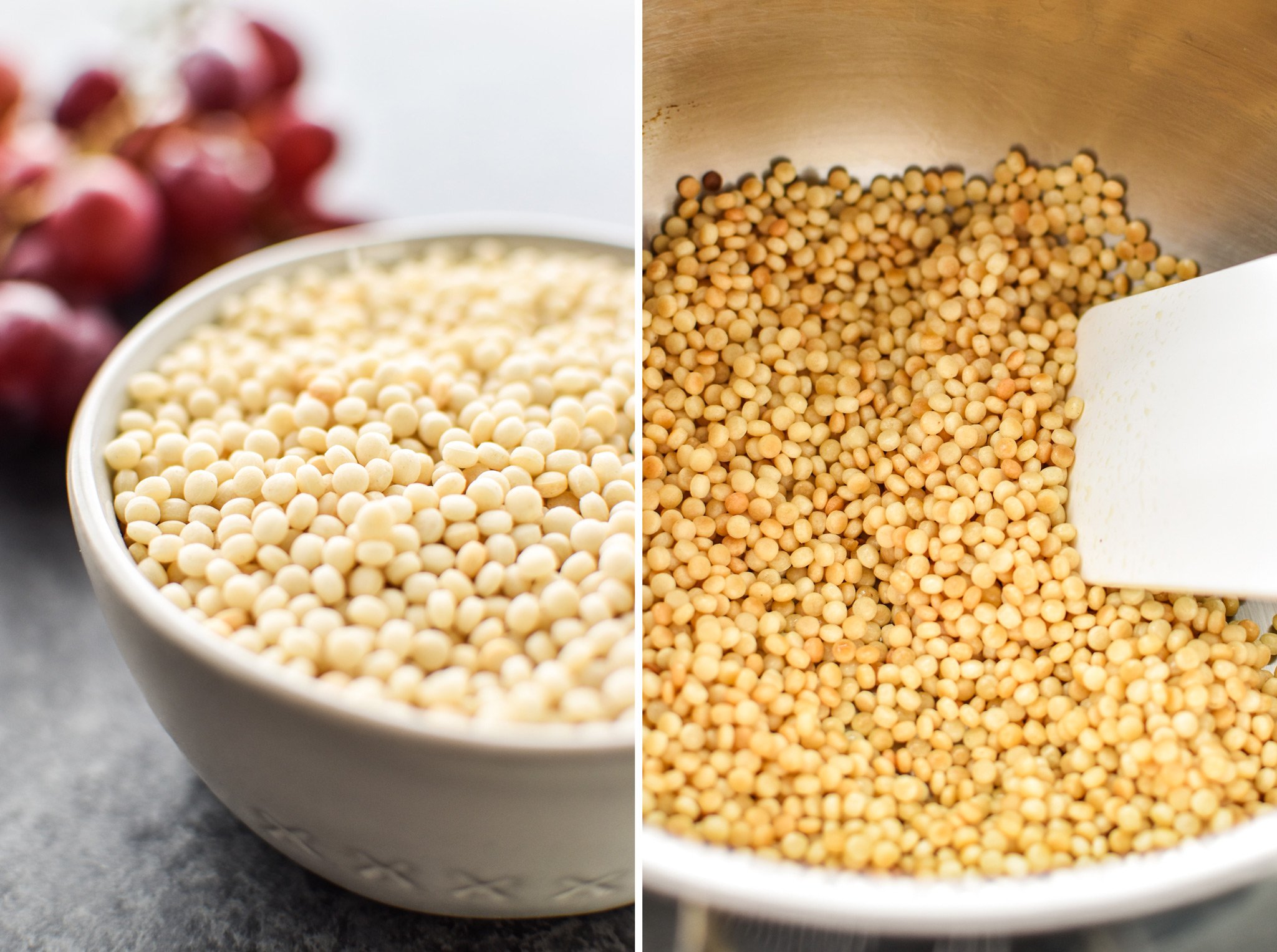 Left: Couscous before cooking, measured in a 1 cup bowl. Right: Quinoa during toasting in a pan with olive oil.