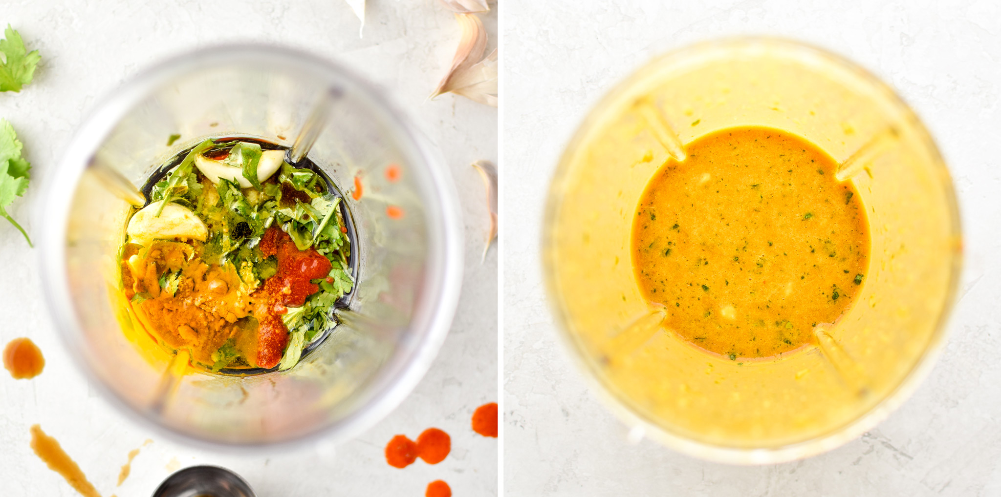 Before and after blending sauce for the Meal Prep Satay Inspired Thai Chicken Salad Bowls.