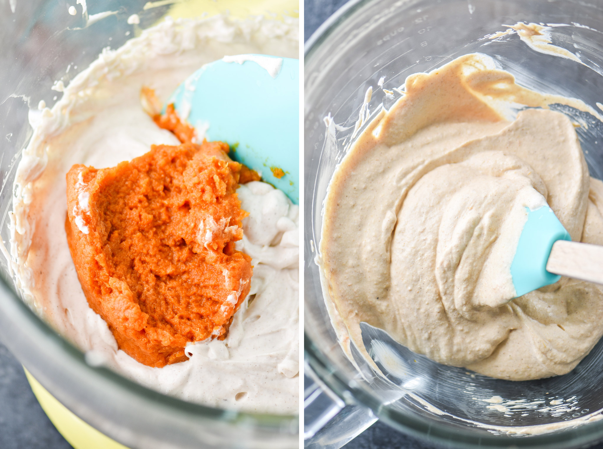 Adding the pumpkin to the pumpkin whipped greek yogurt.