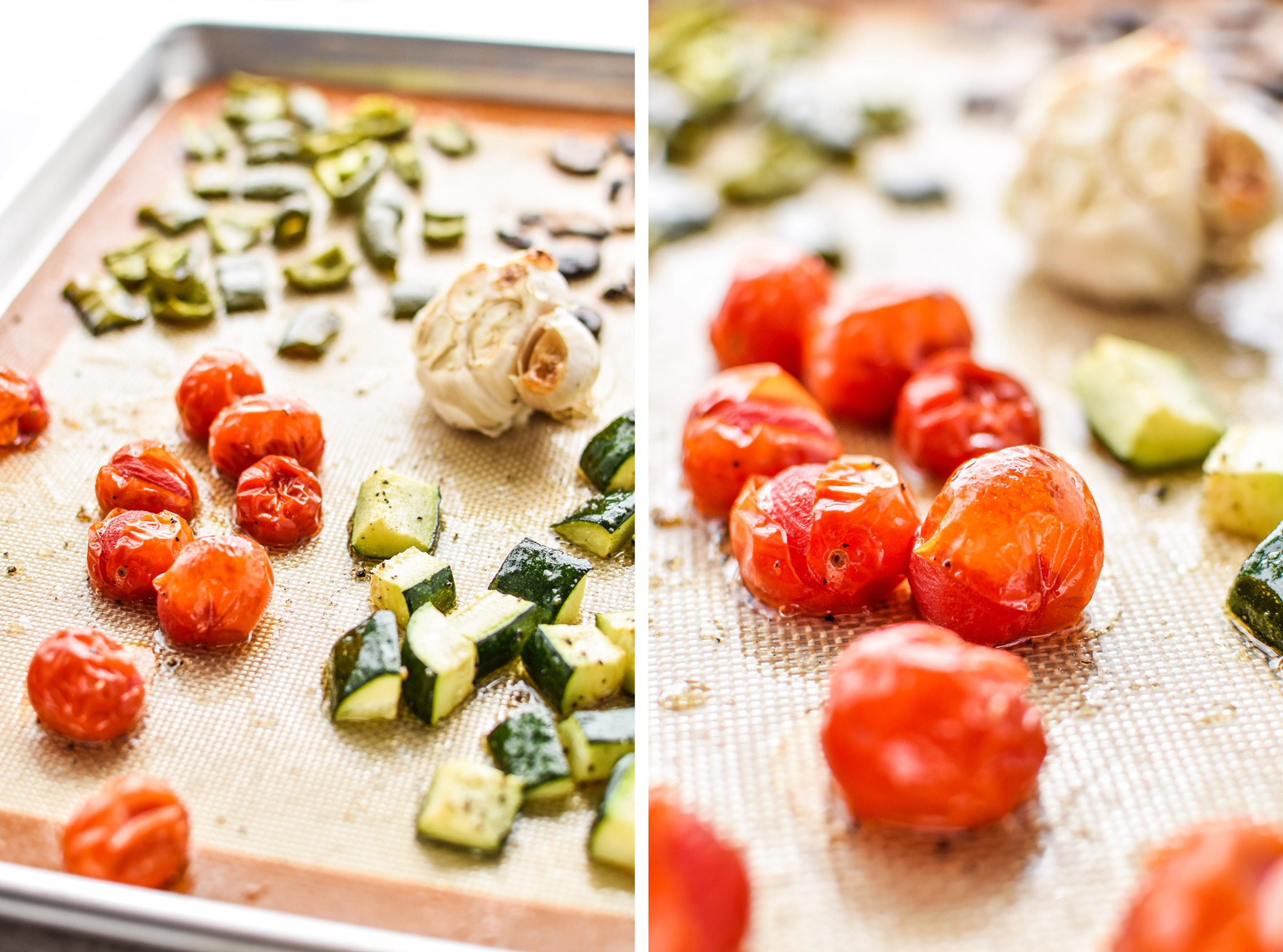 Cooked veggies on sheet pans for the chicken meatballs two ways meal prep lunches