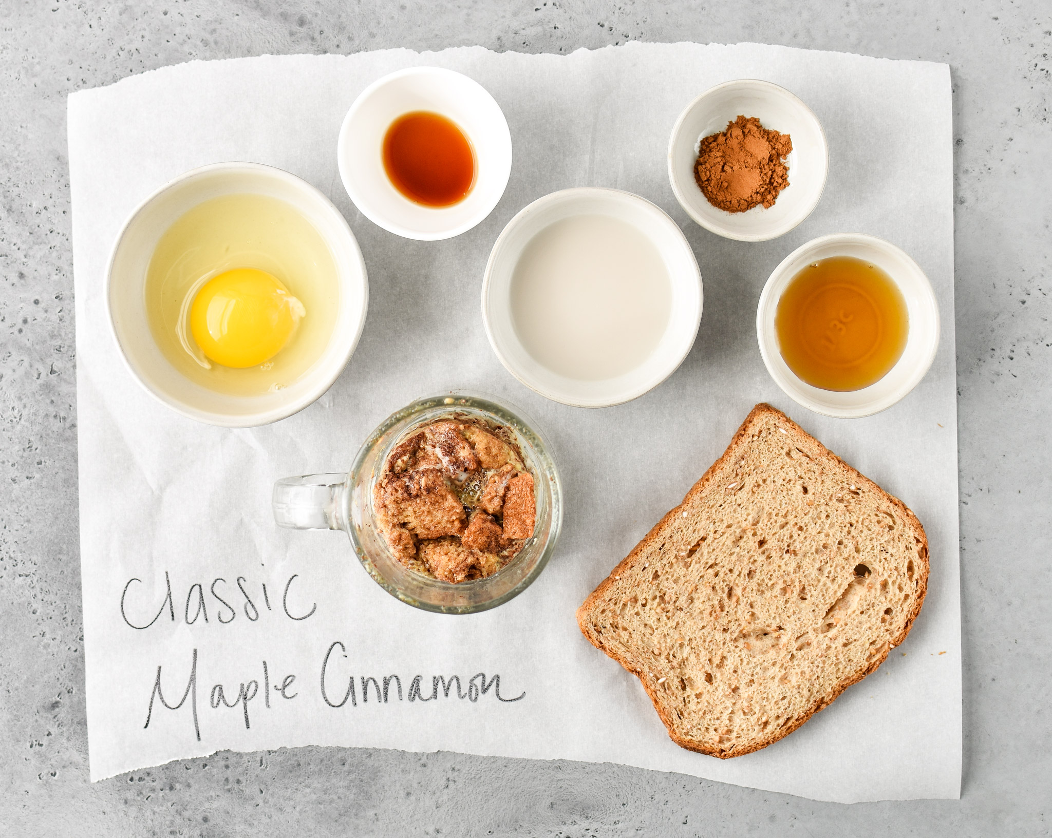 Ingredients for classic maple cinnamon microwave mug french toast