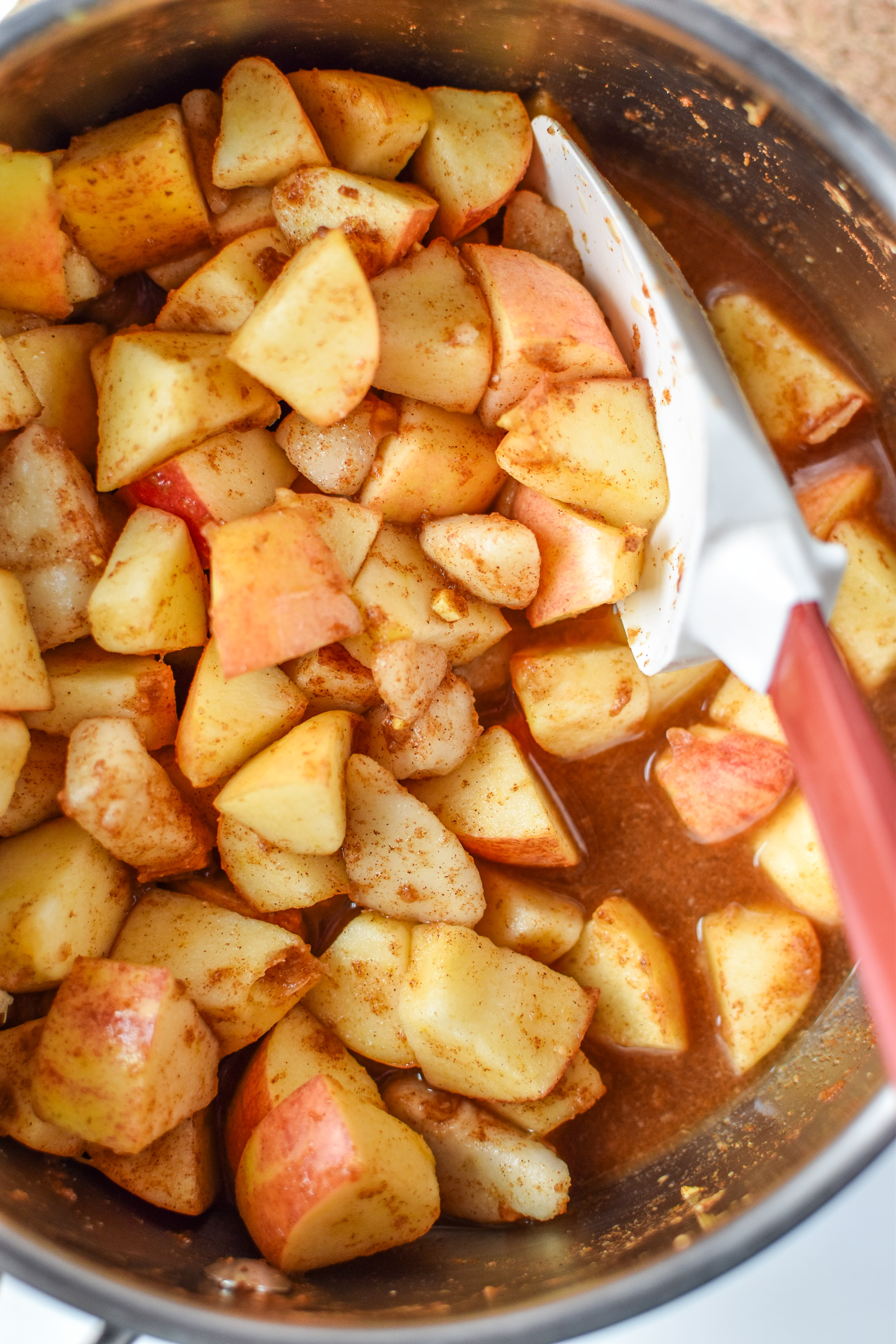 Mixed apples, pears and cinnamon in water for the Ginger Pear Cinnamon Applesauce