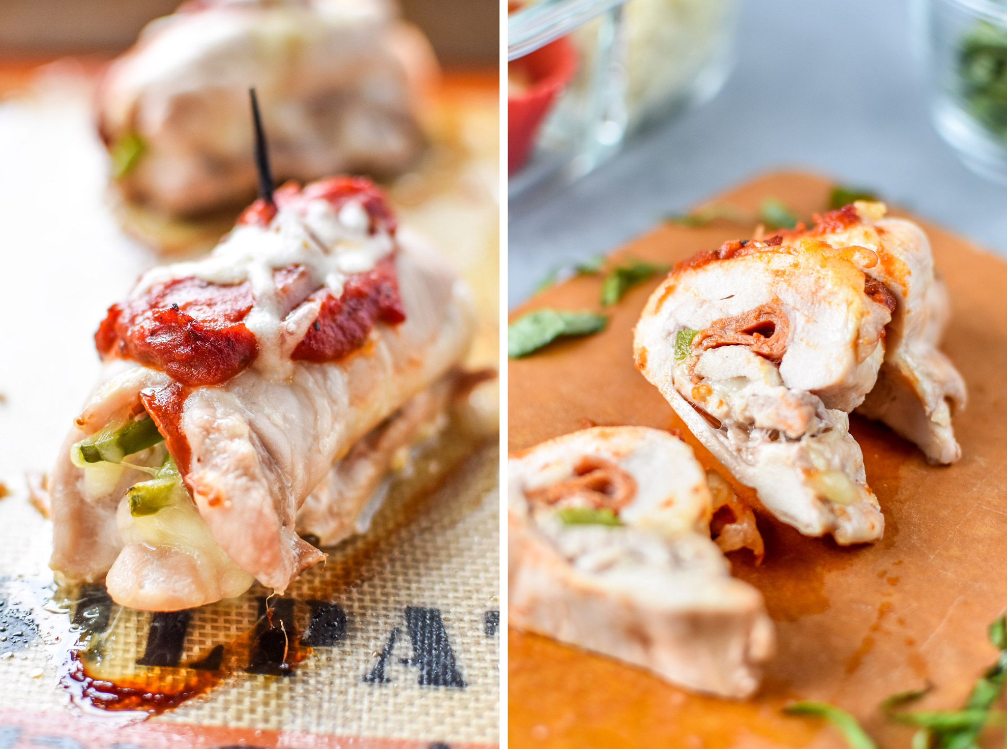 Left: Pizza chicken roll up fresh from the oven. Right: Fresh pizza chicken roll up cut up for the Pizza CHicken Roll Ups Meal Prep