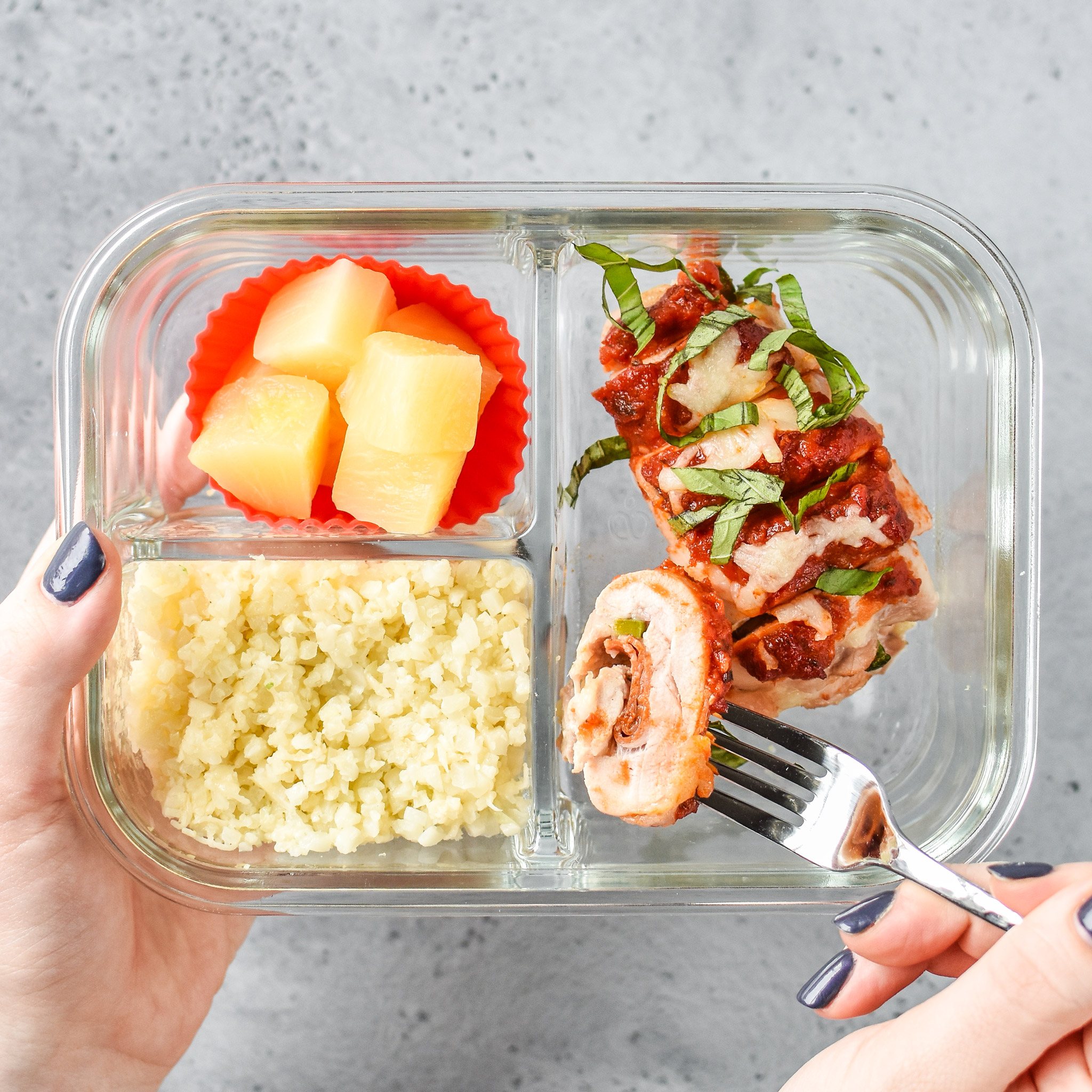 Pizza Chicken Roll Ups Meal prep with chicken, parmesan cauliflower rice and pineapple!