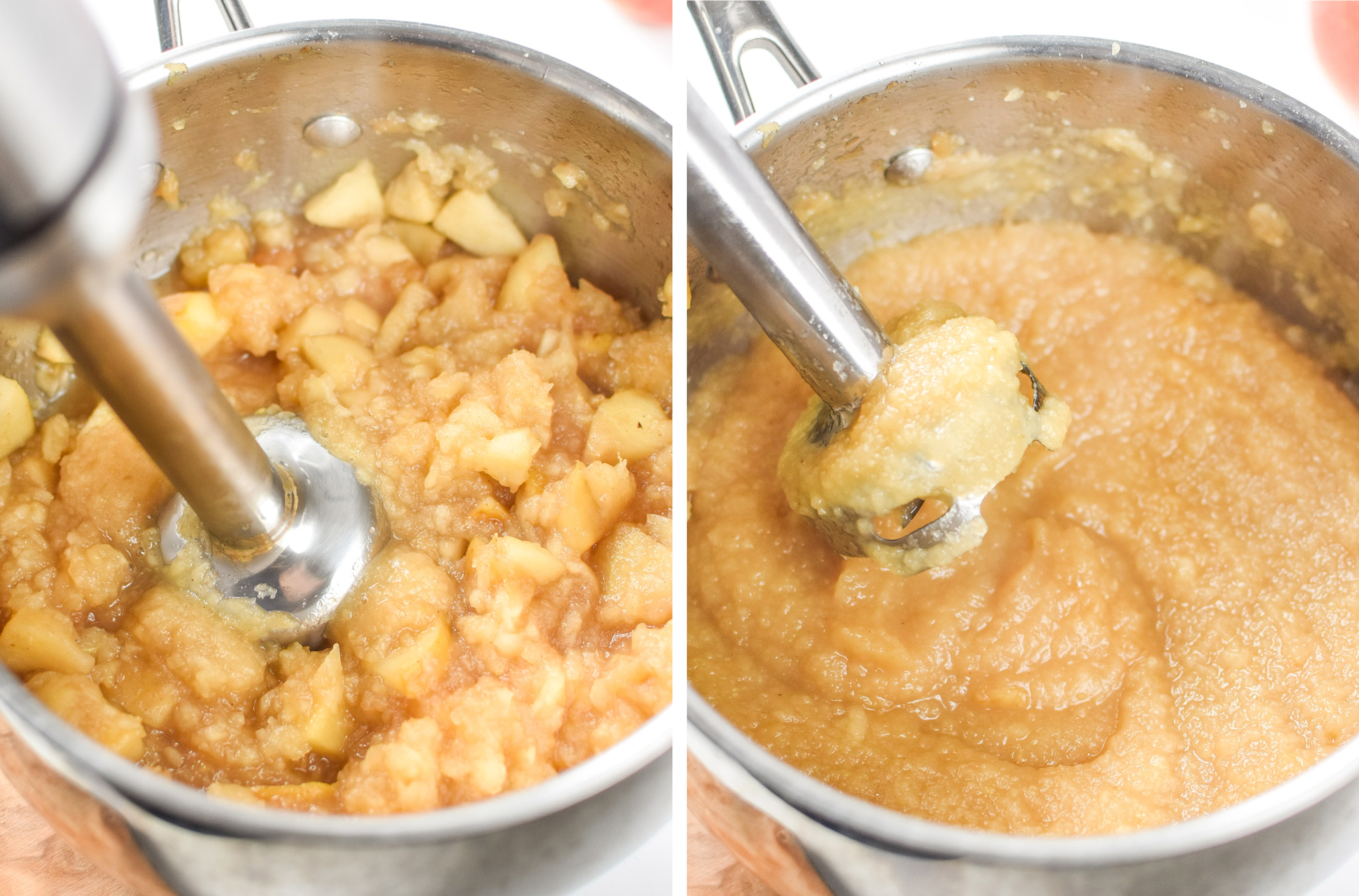 Left: Cooked apples about to be blended. Right: Apples blended into applesauce. Store Bought vs Homemade Applesauce: Which is Cheaper?