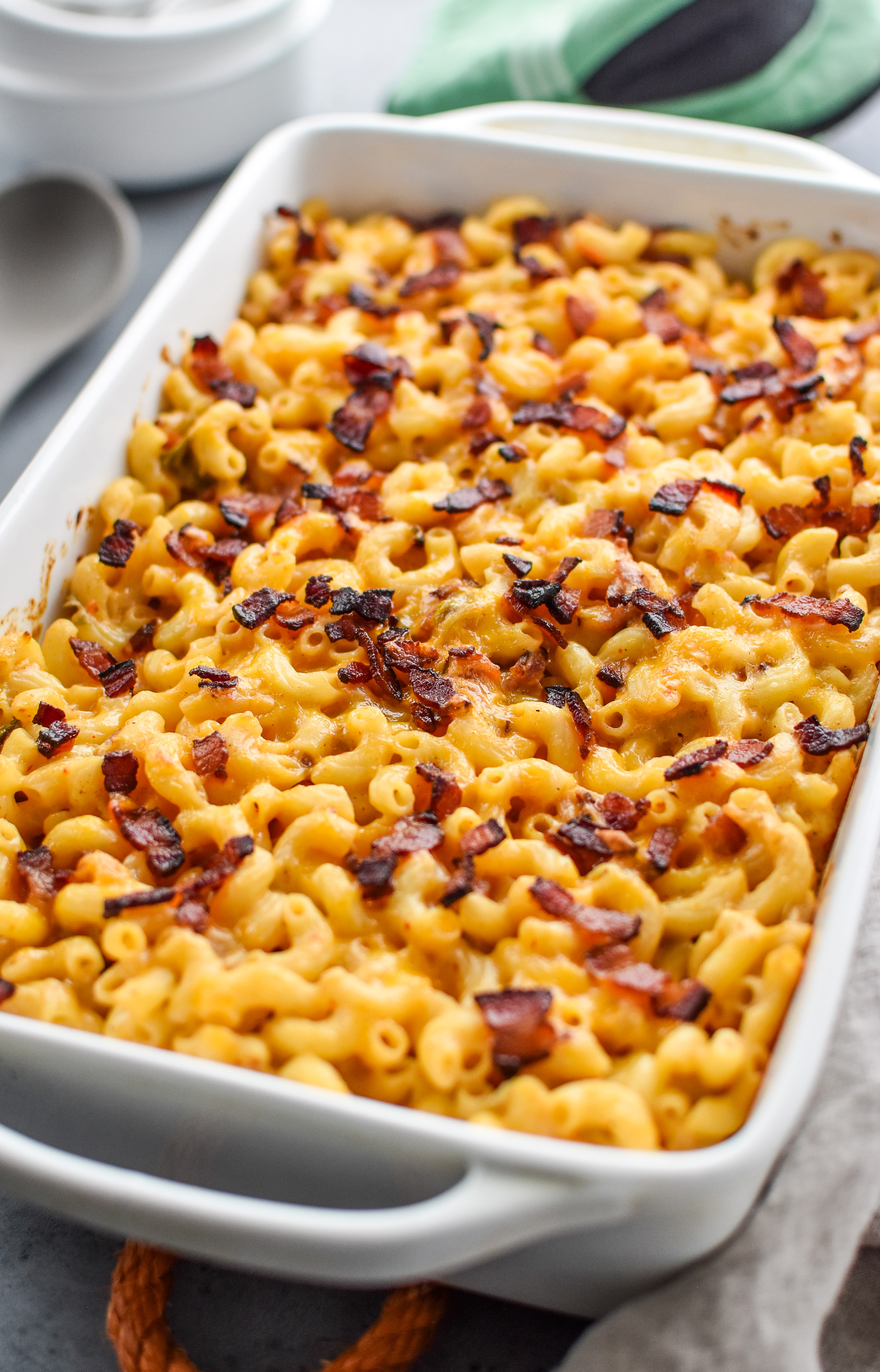 Kimchi and bacon greek yogurt macaroni and cheese fresh from the oven ready for dinner