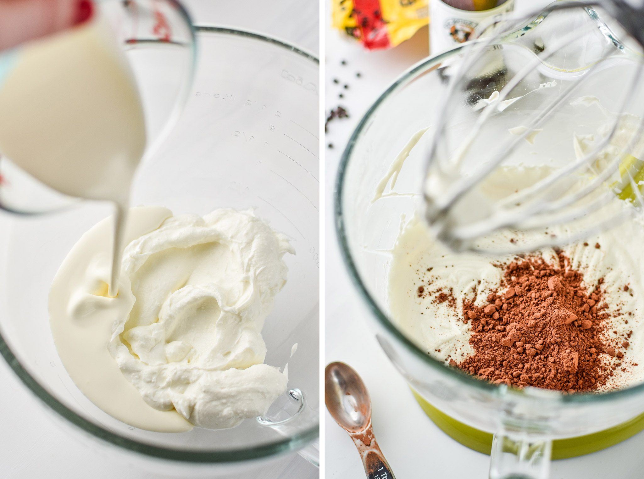 Left: Adding cream. Right: Adding cocoa powder to the peppermint chocolate whipped greek yogurt