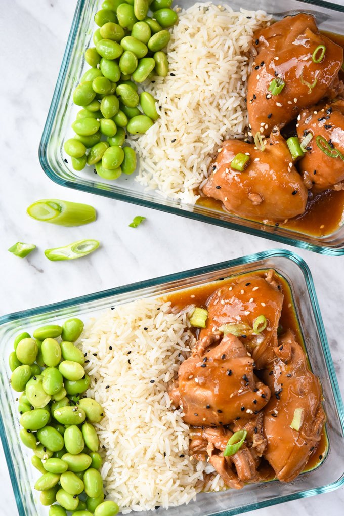 chicken yakitori meal prep lunch recipe, chicken with rice and edamame bowls