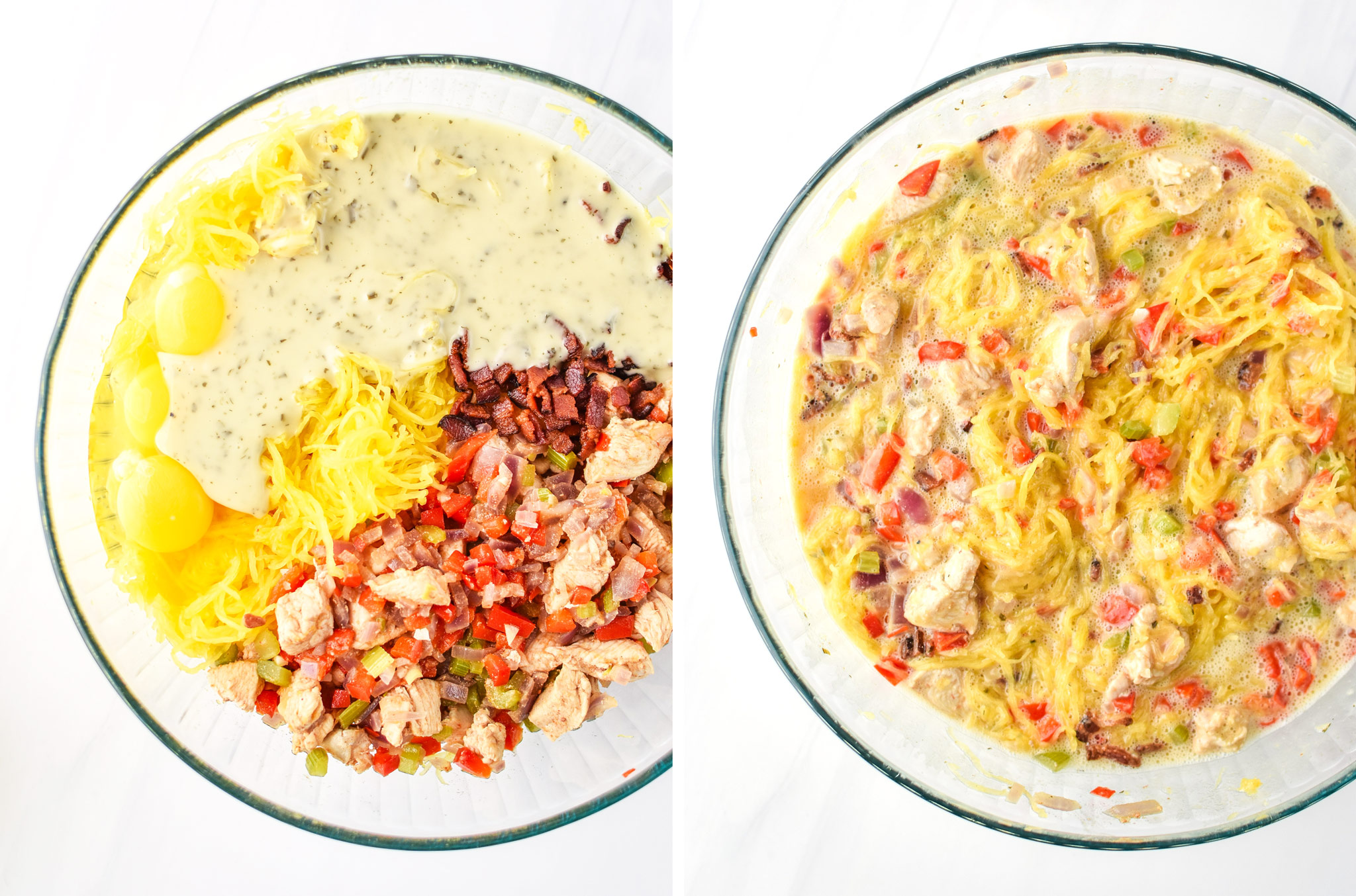 Left: Ingredients unstired for the Whole30 Chicken Bacon Ranch Casserole. Right: All the ingredients stirred together.