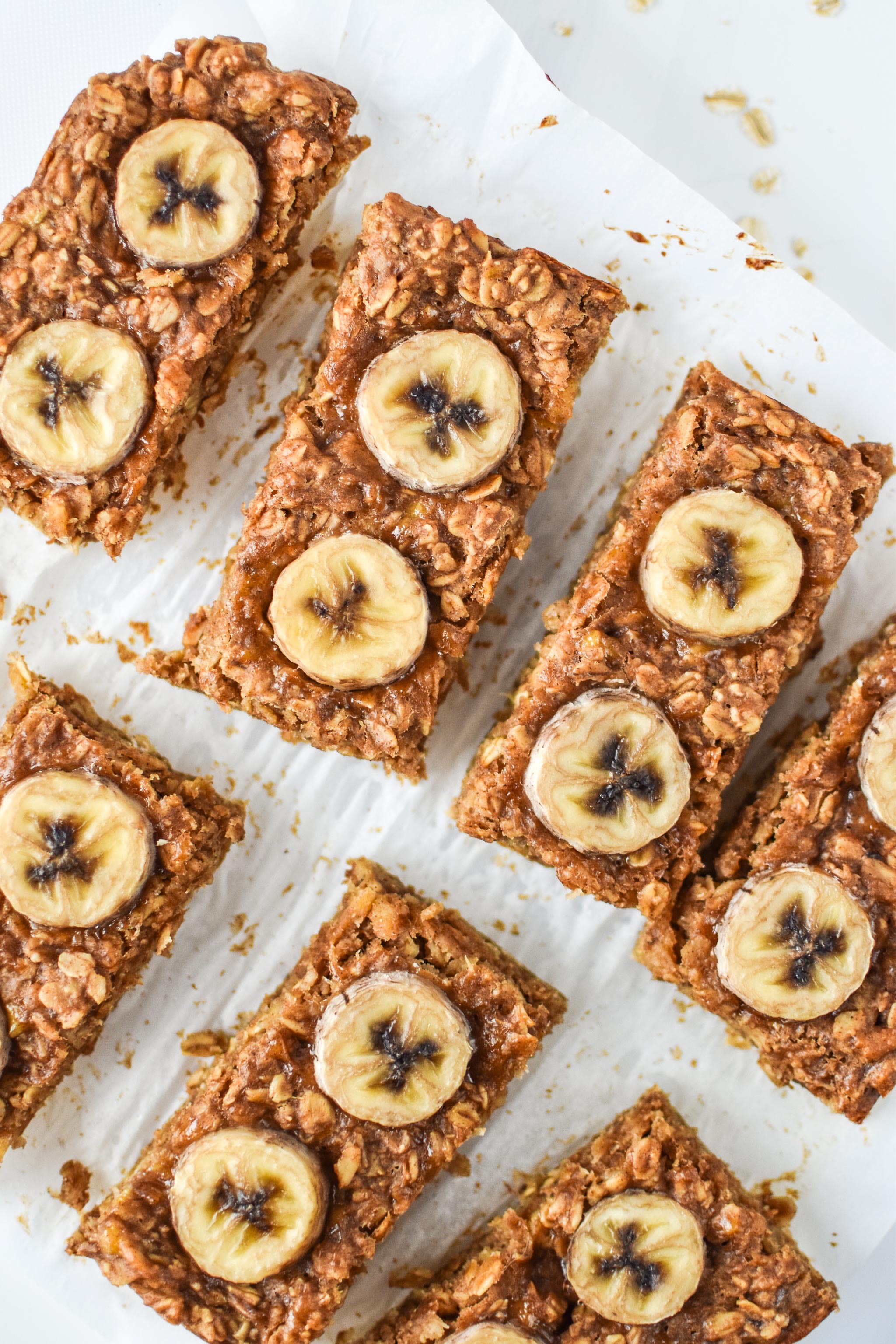 Banana Oatmeal Breakfast Bars fresh from the oven and cut into bars.