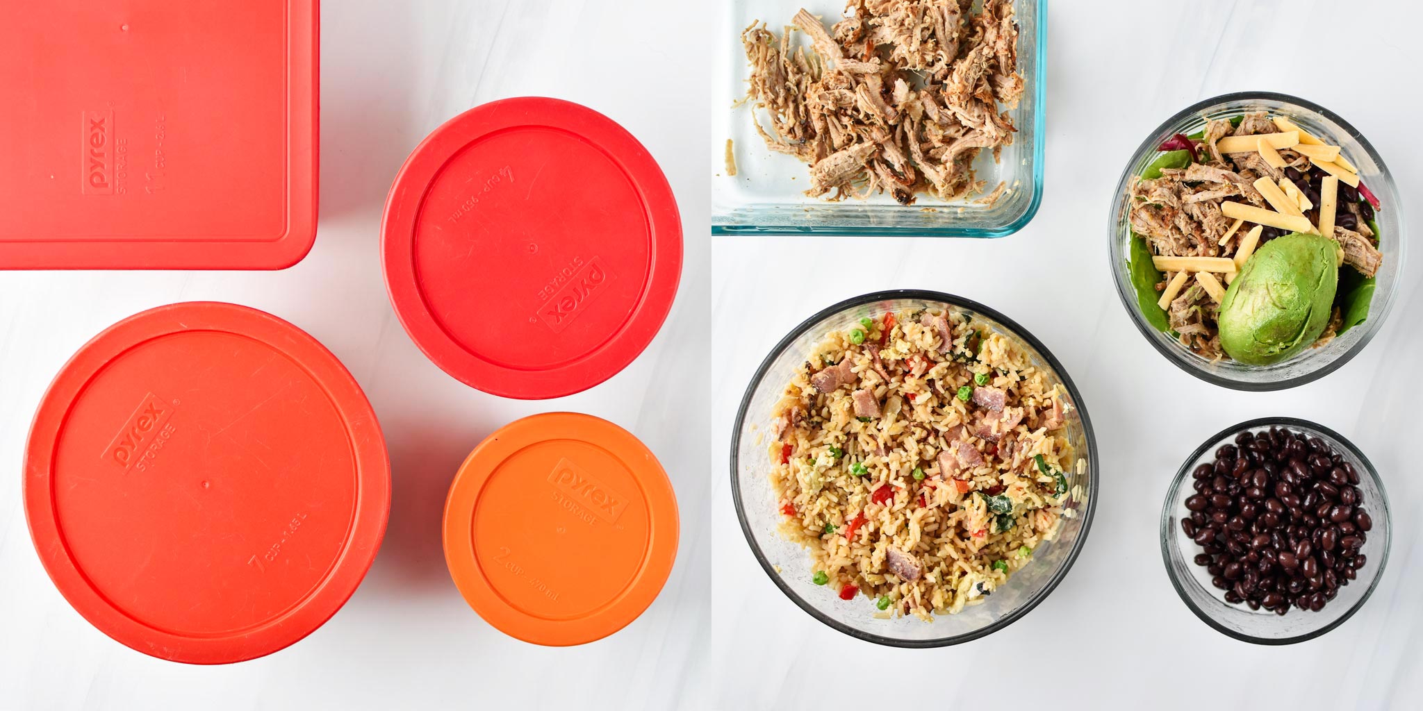 Various stored leftovers in Pyrex containers from my fridge, one side with lids on and one side with lids off.