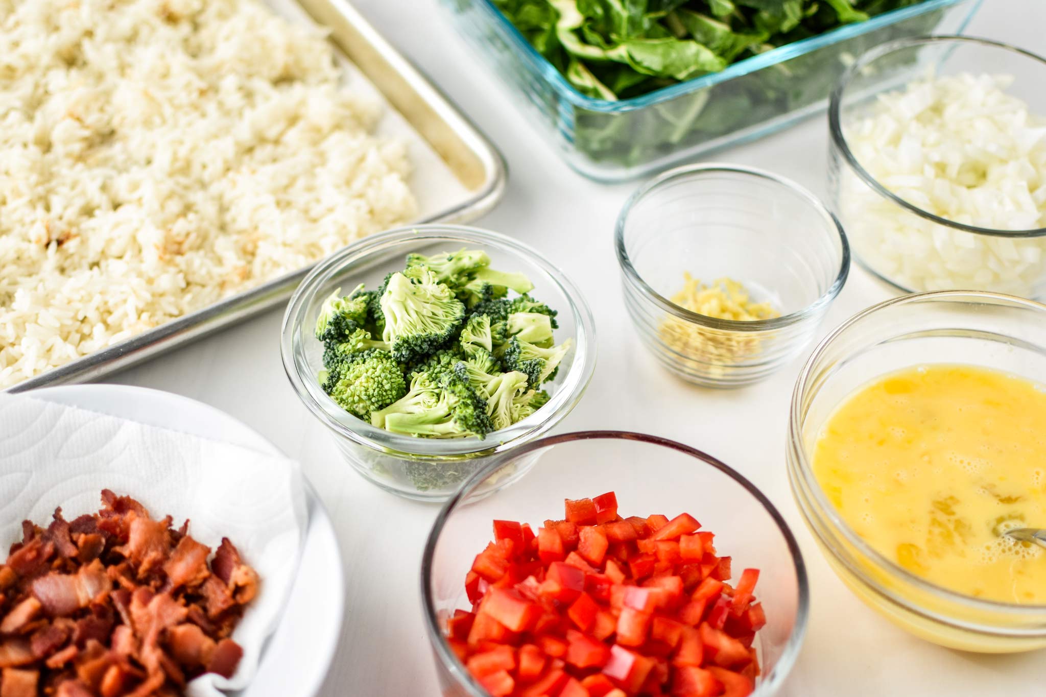 All the ingredients ready for veggie packed breakfast fried rice.