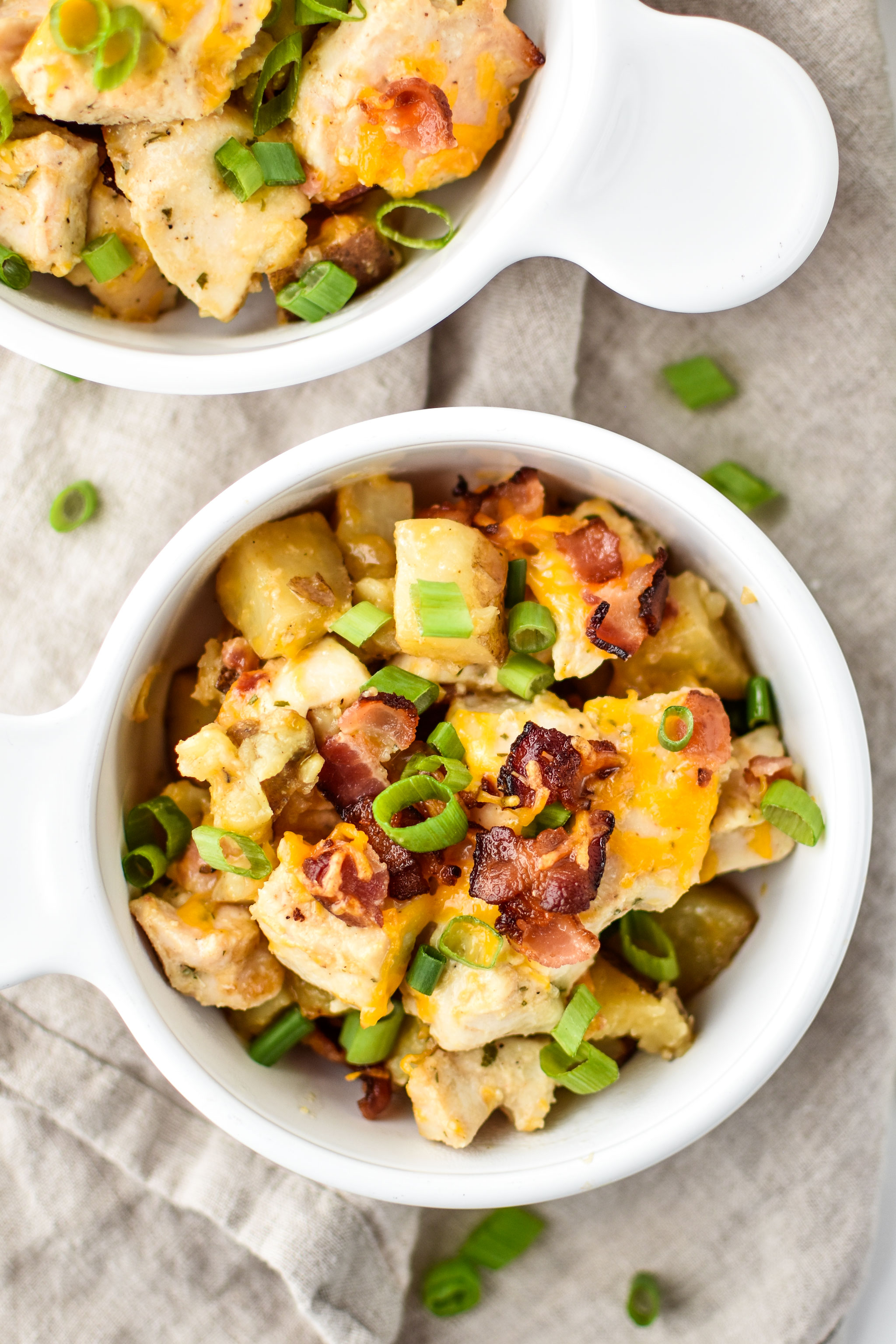 Chicken bacon ranch potato bake dished up in bowls