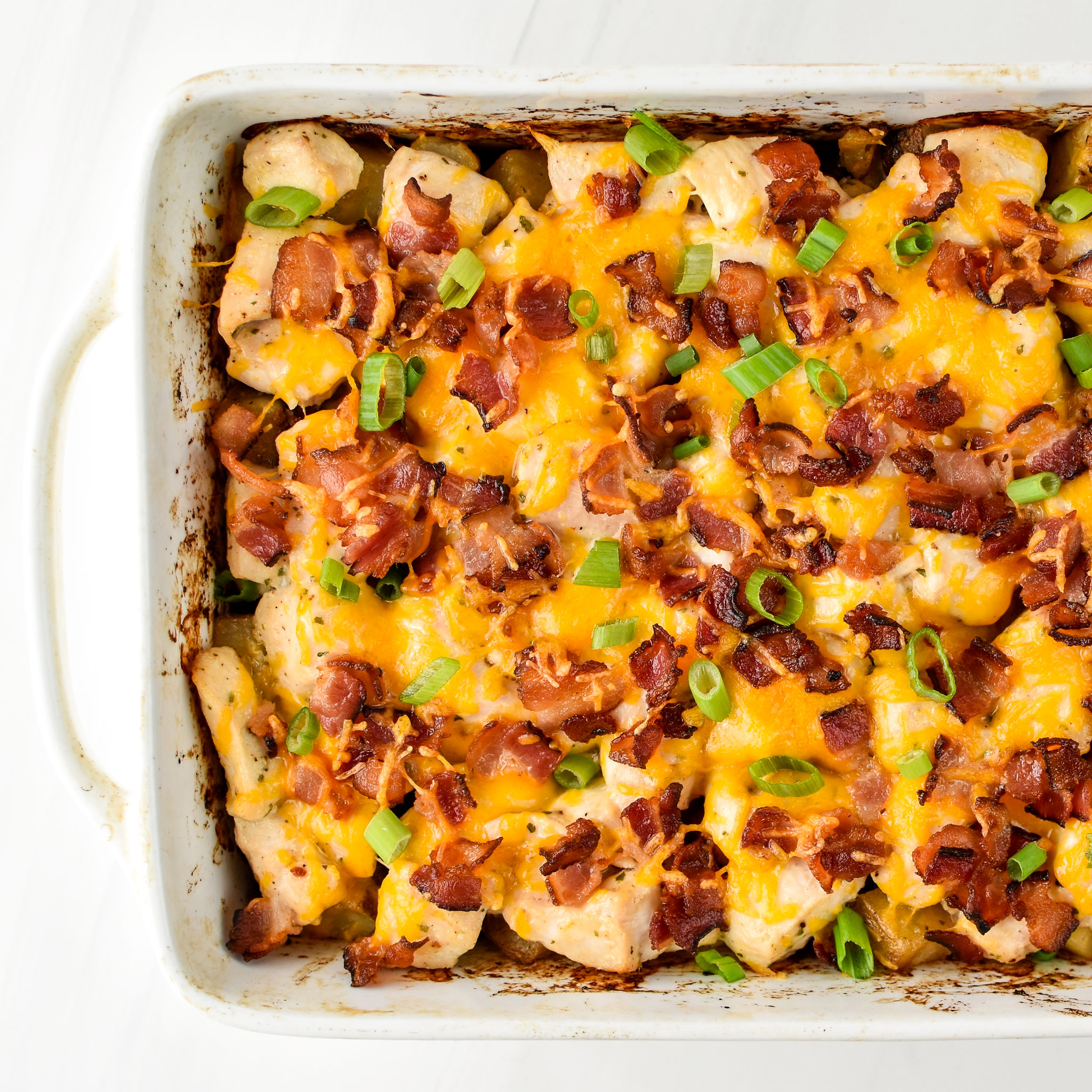 Chicken Bacon Ranch Potato Bake fresh from the oven pictured from above